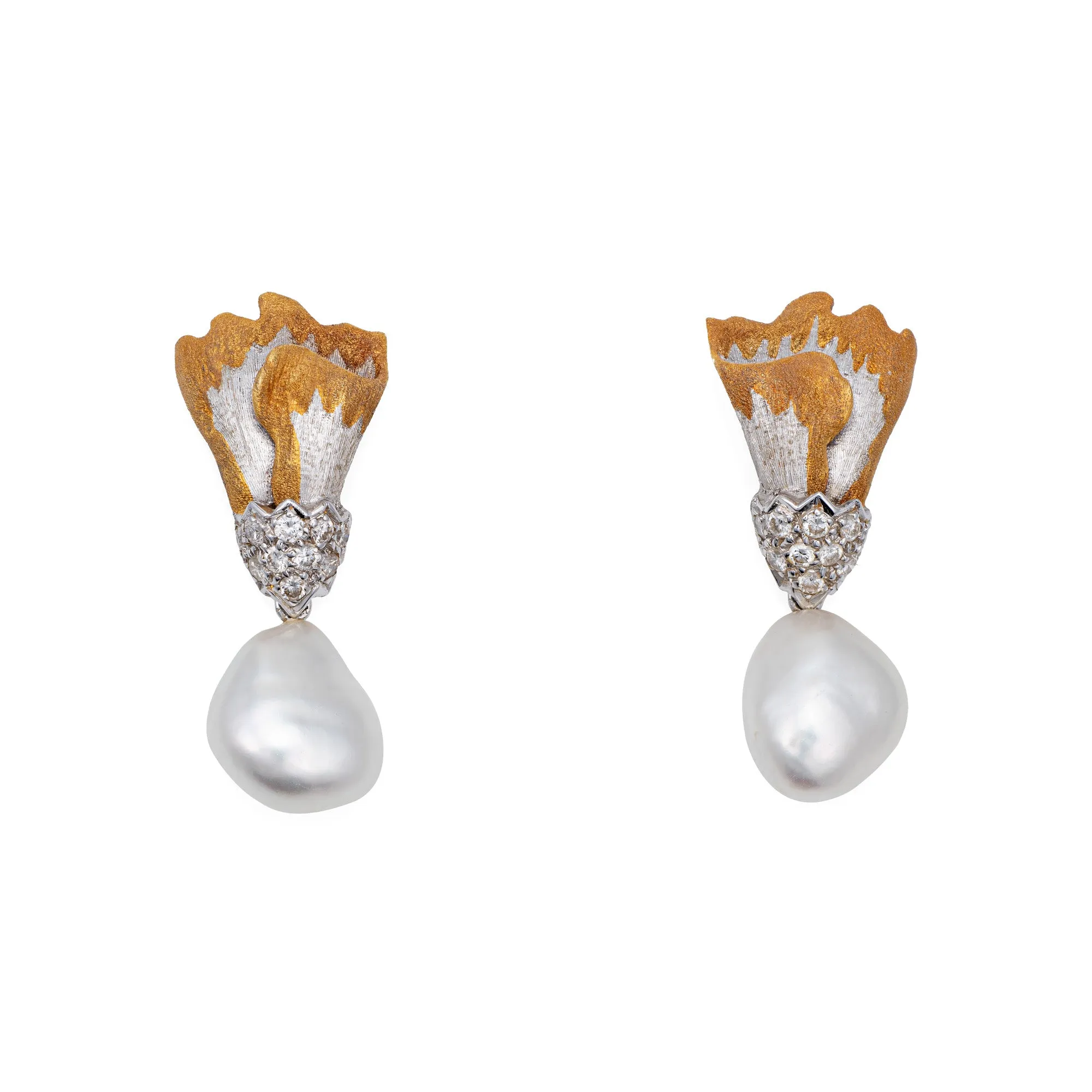 Baroque Pearl Diamond Drop Earrings Vintage 18k Yellow White Gold Estate Jewelry