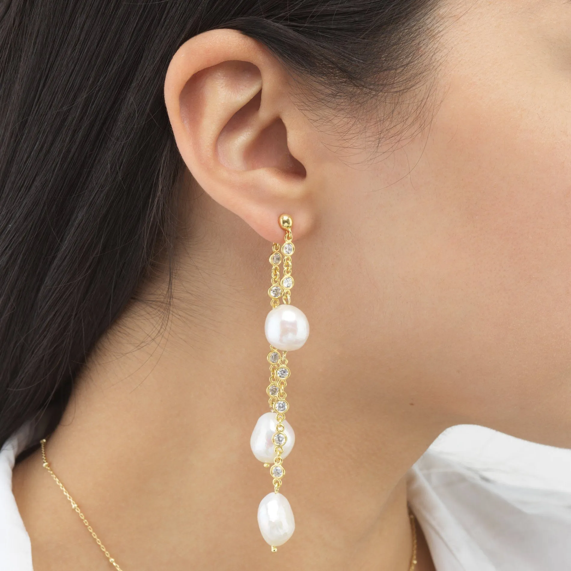 Baroque Pearl Double Drop Stud Earring