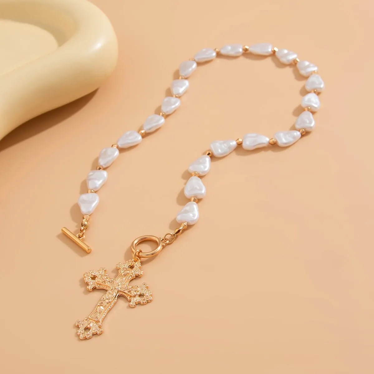 Baroque Toggle Clasp Cross Pendant Irregular Pearl Chain Necklace
