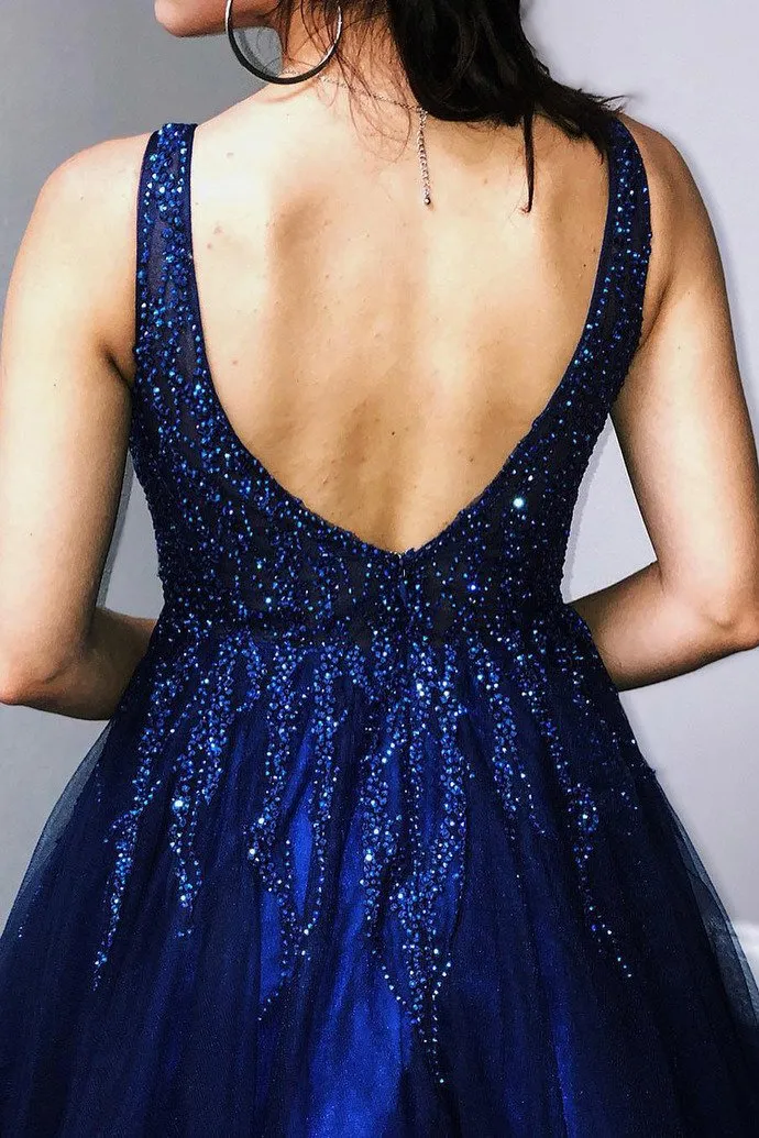 Beaded V-neckline Royal Blue Prom Gown Tulle Skirt