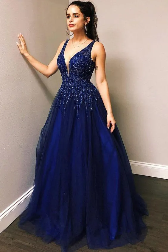 Beaded V-neckline Royal Blue Prom Gown Tulle Skirt