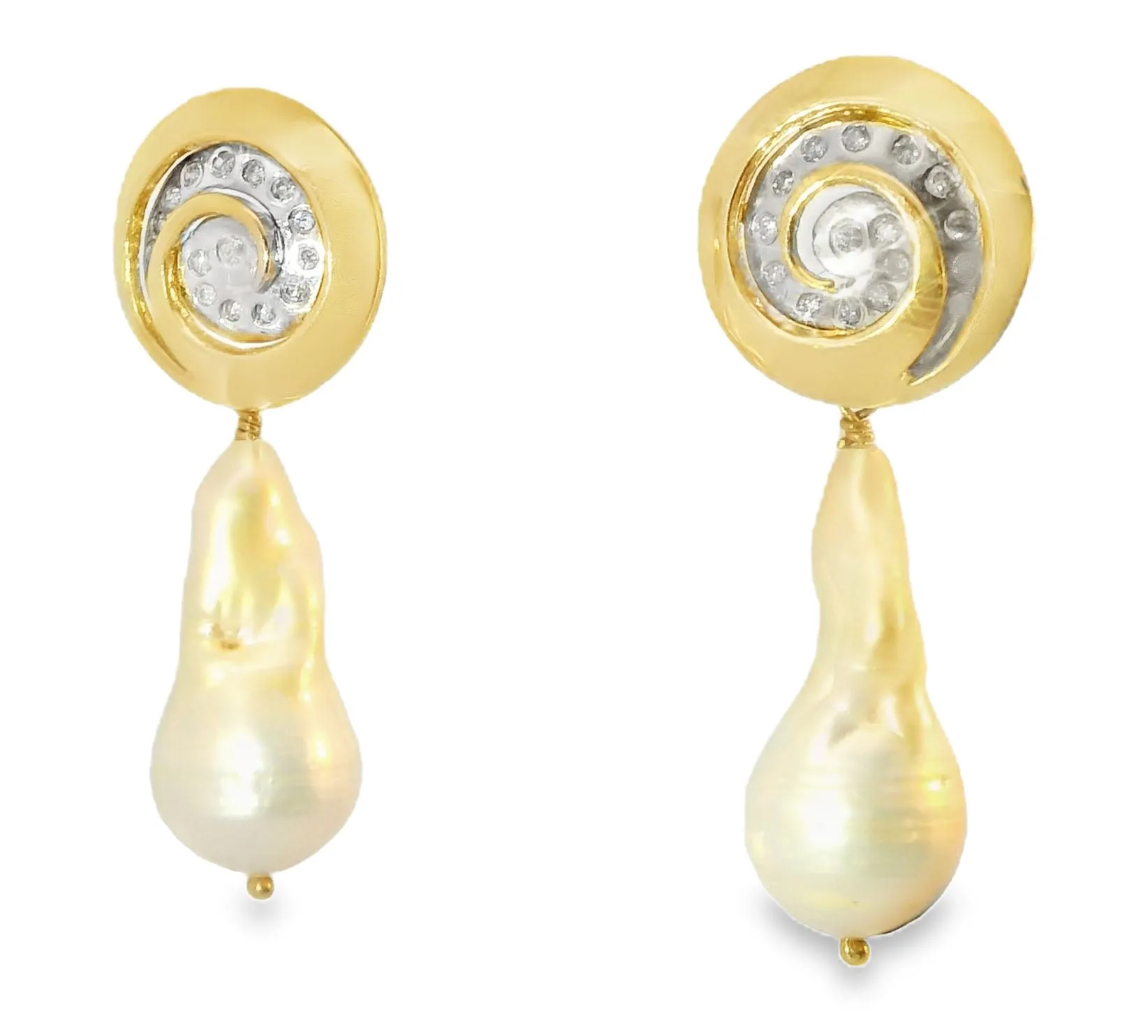Beautiful Estate 14K 2-Tone Gold Baroque Pearl Diamond Swirl Drop Earrings