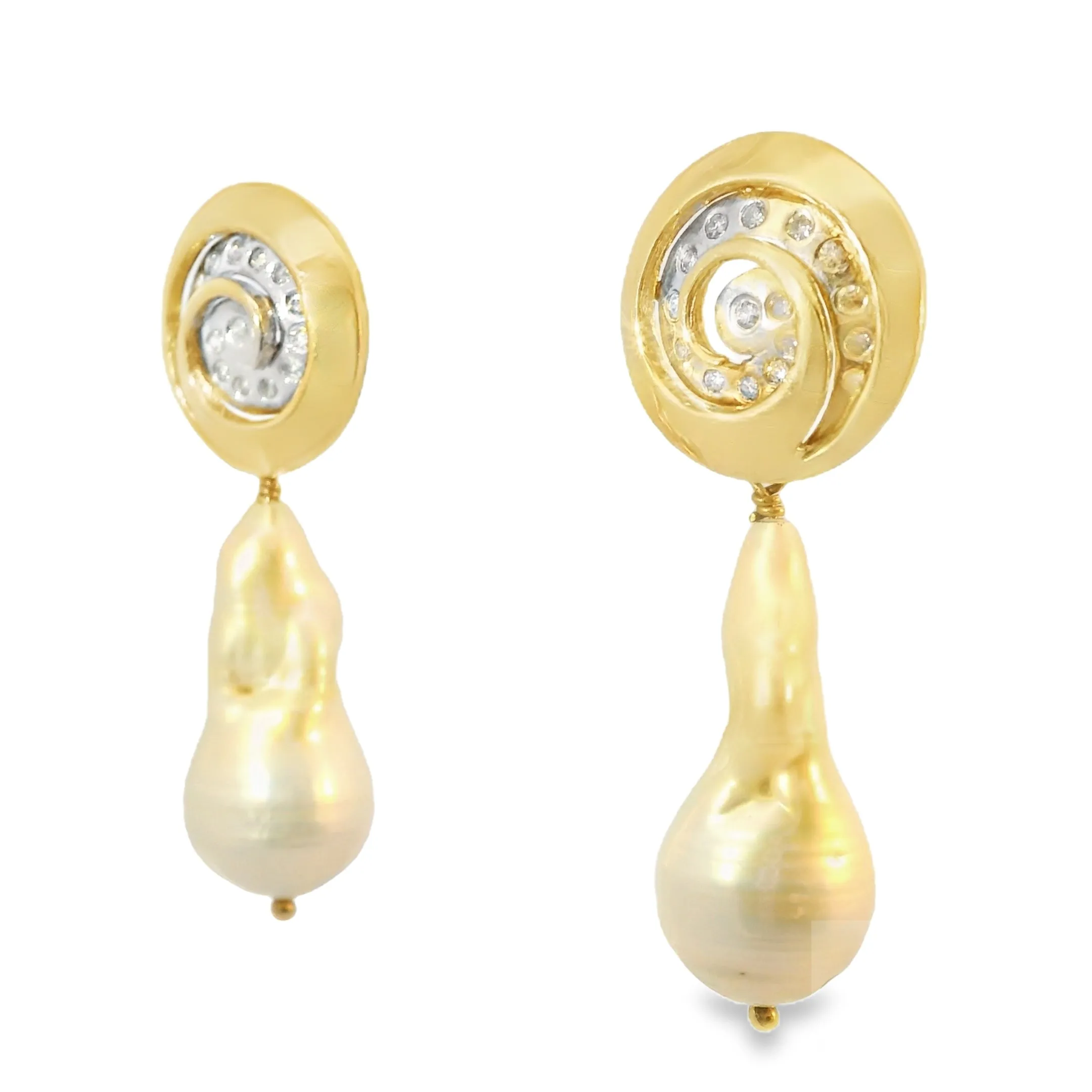 Beautiful Estate 14K 2-Tone Gold Baroque Pearl Diamond Swirl Drop Earrings
