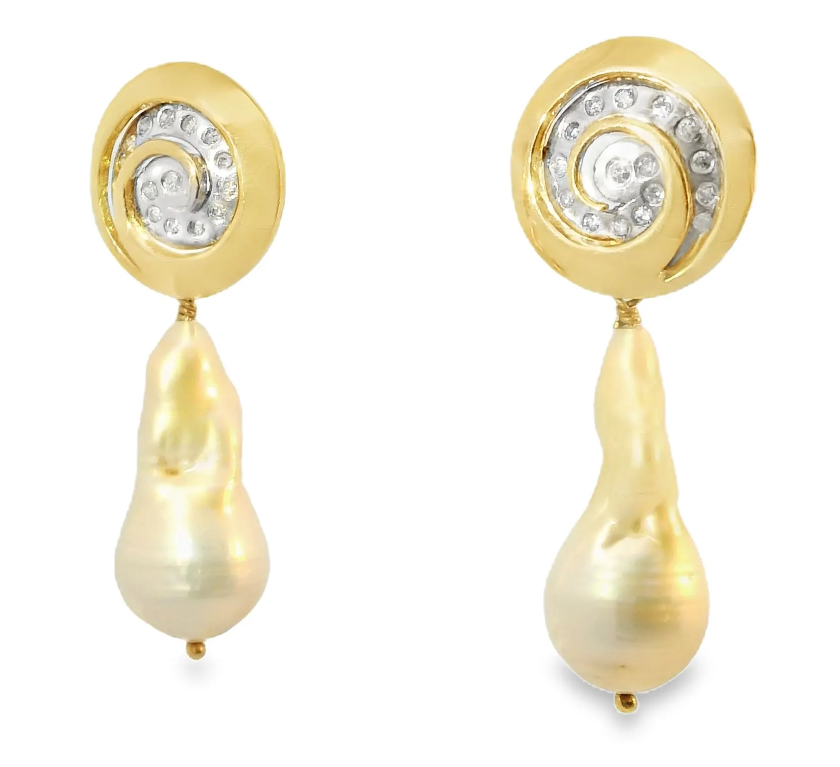 Beautiful Estate 14K 2-Tone Gold Baroque Pearl Diamond Swirl Drop Earrings
