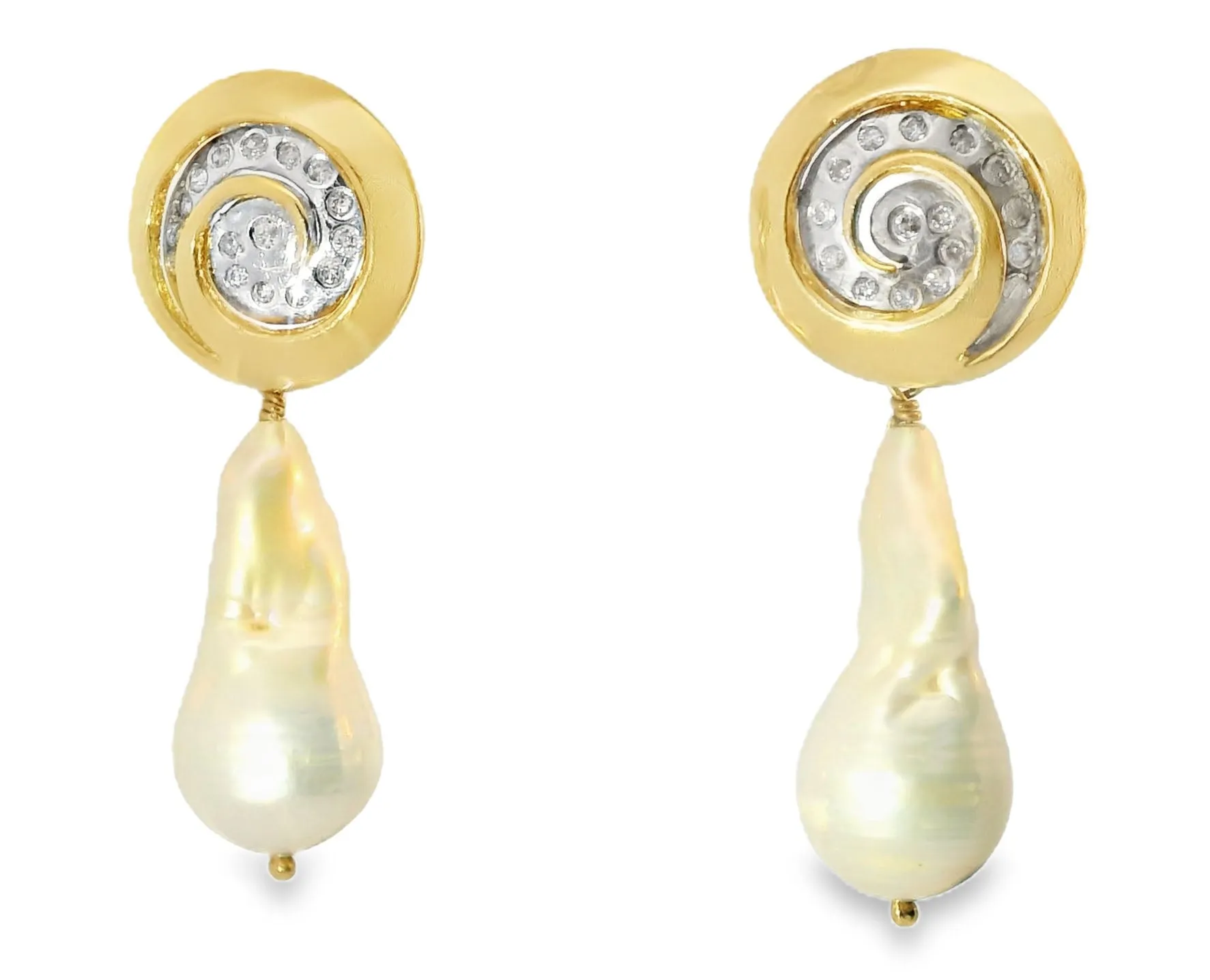 Beautiful Estate 14K 2-Tone Gold Baroque Pearl Diamond Swirl Drop Earrings