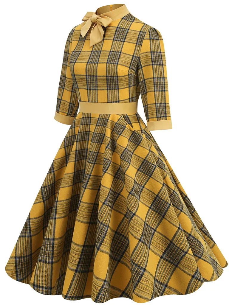 Big BowKnot Plaid 3/4 Sleeve 1950S Vintage Dress With Pockets Inspired by Clueless Cher Horowitz