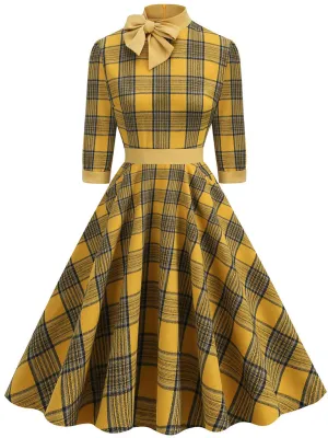 Big BowKnot Plaid 3/4 Sleeve 1950S Vintage Dress With Pockets Inspired by Clueless Cher Horowitz