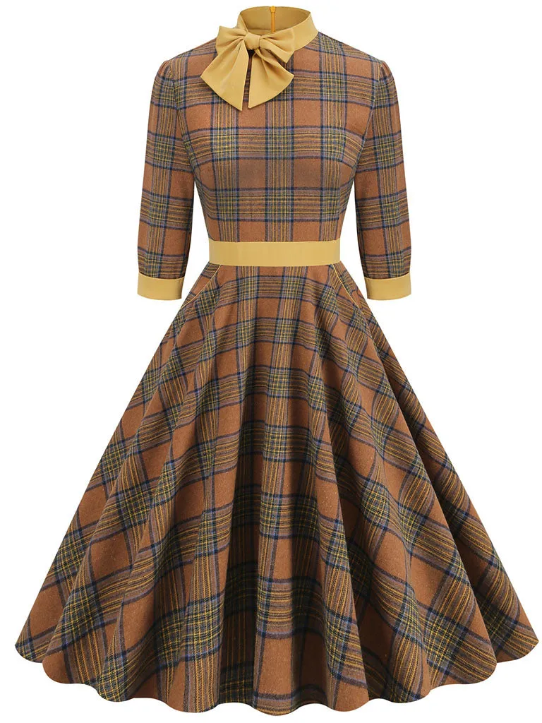 Big BowKnot Plaid 3/4 Sleeve 1950S Vintage Dress With Pockets Inspired by Clueless Cher Horowitz