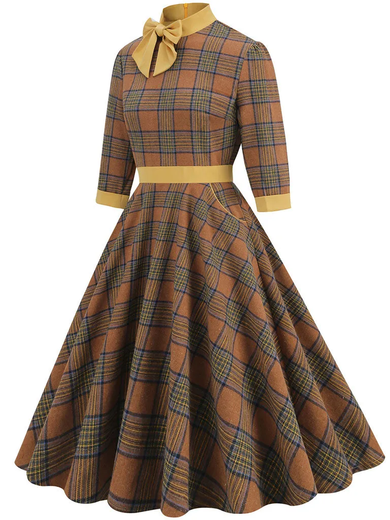 Big BowKnot Plaid 3/4 Sleeve 1950S Vintage Dress With Pockets Inspired by Clueless Cher Horowitz