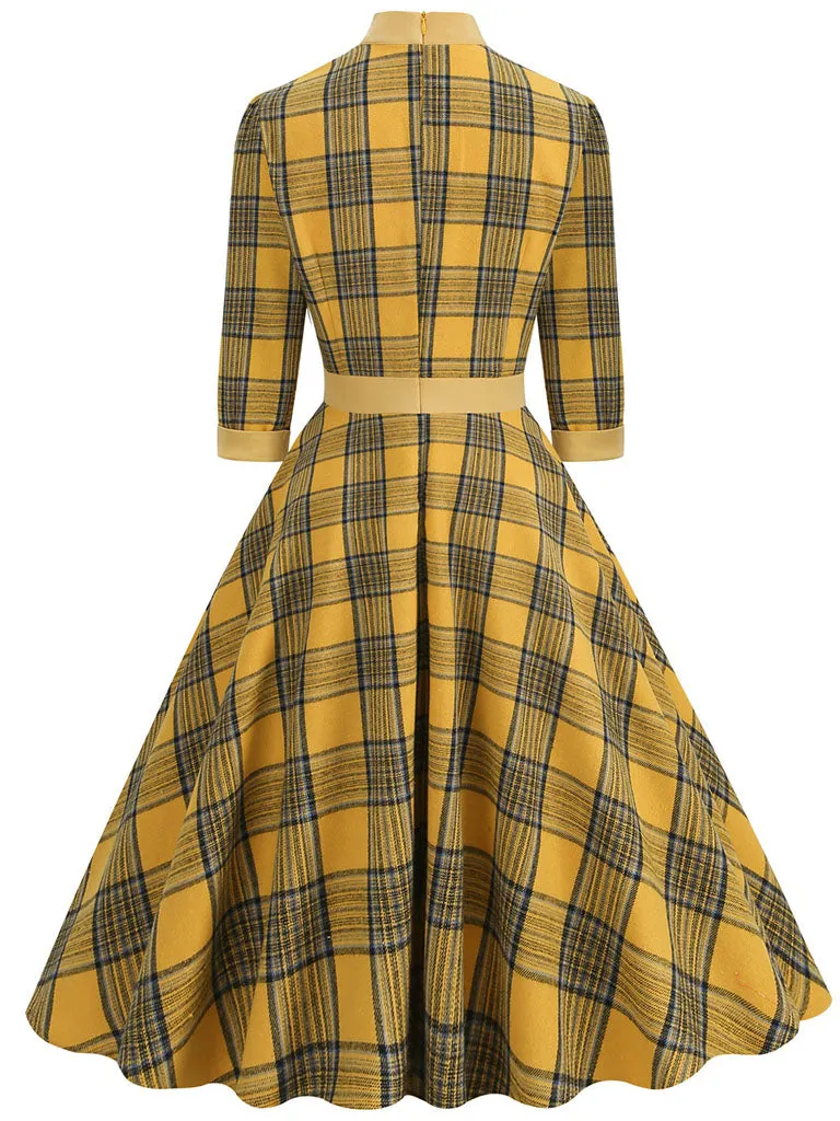 Big BowKnot Plaid 3/4 Sleeve 1950S Vintage Dress With Pockets Inspired by Clueless Cher Horowitz