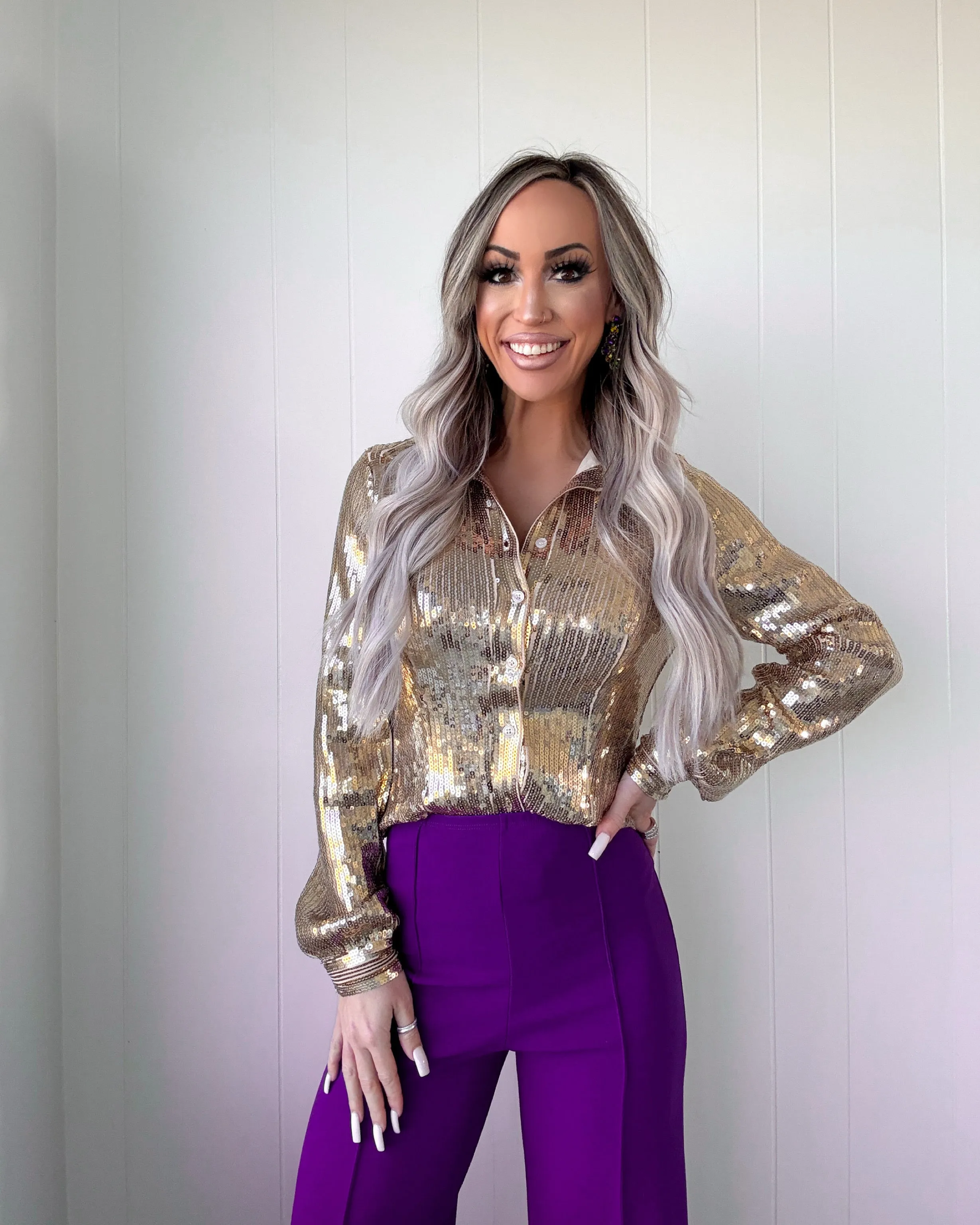 Big Easy Sequin Button Down Top - Gold