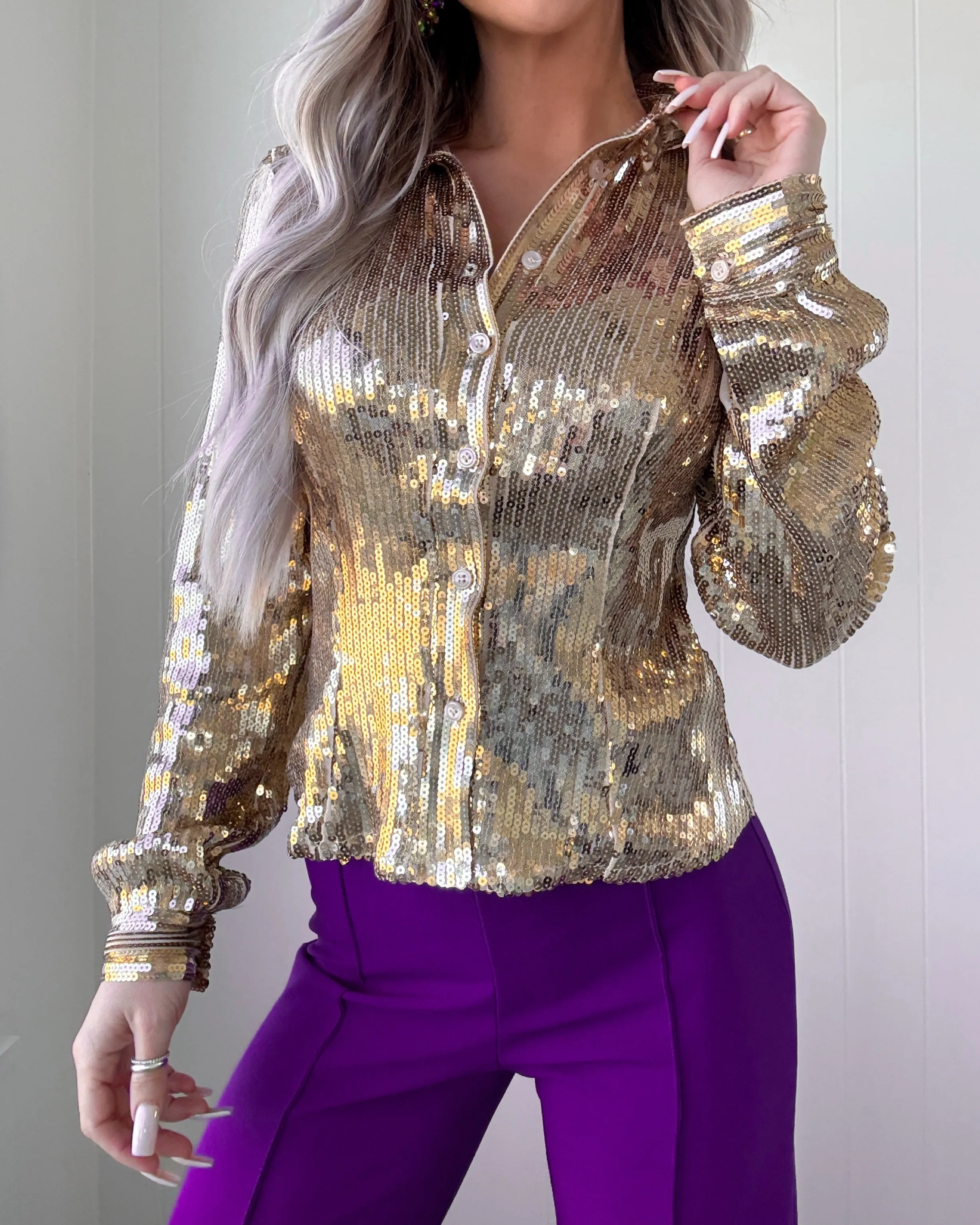 Big Easy Sequin Button Down Top - Gold