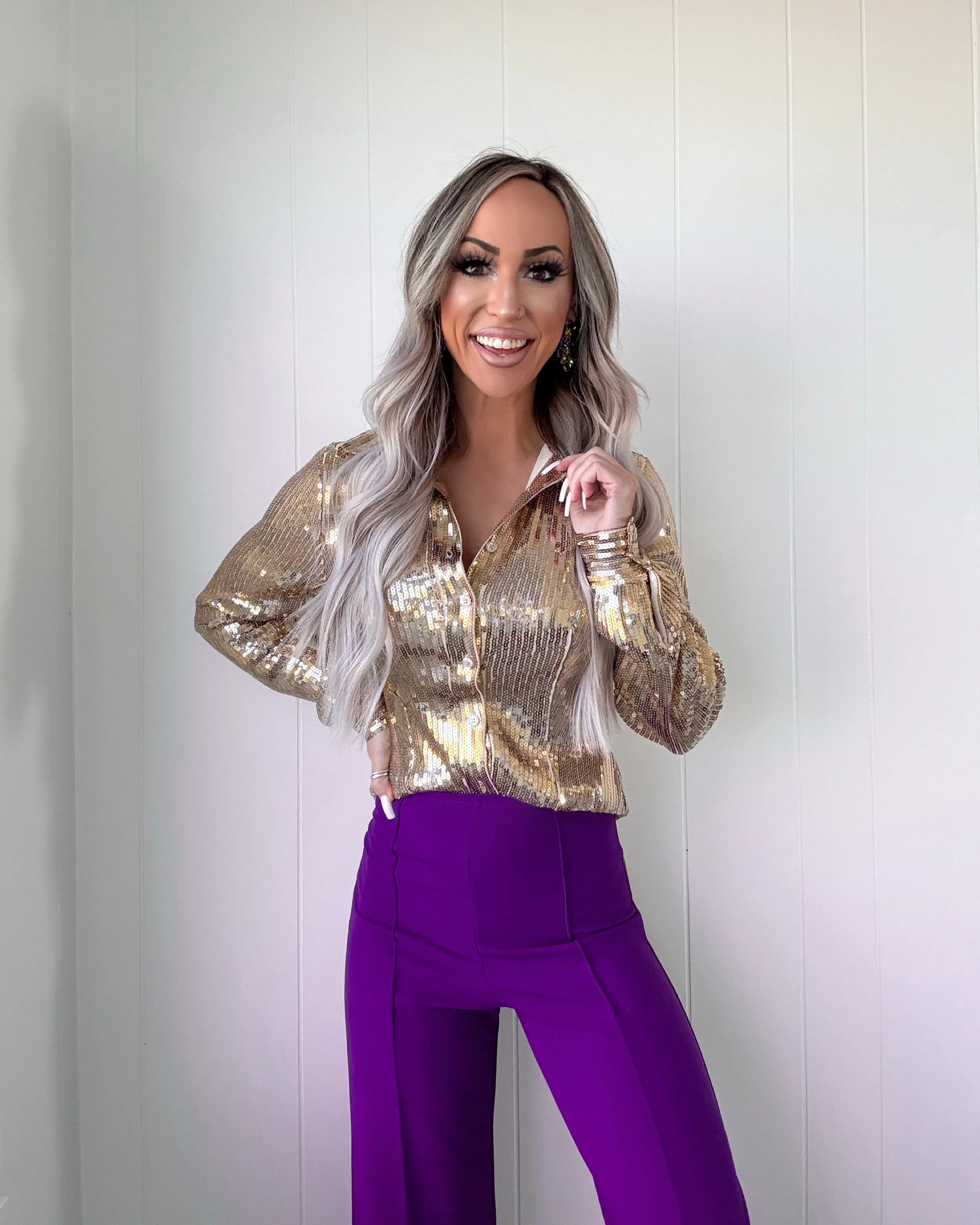 Big Easy Sequin Button Down Top - Gold