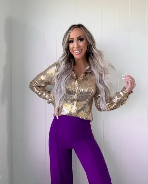 Big Easy Sequin Button Down Top - Gold