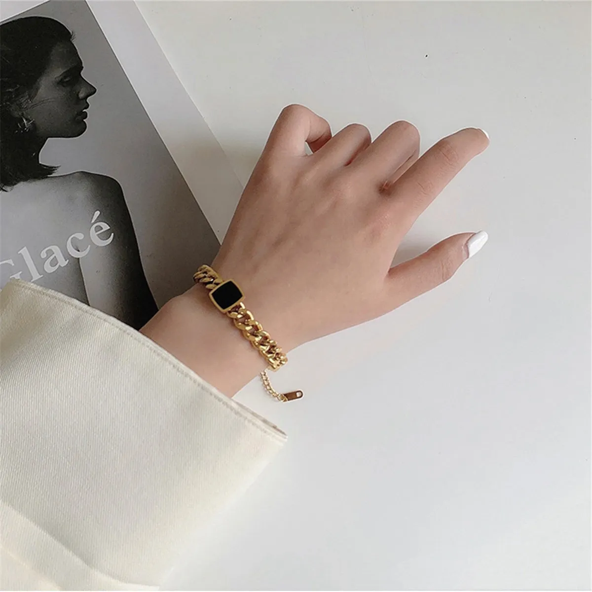 Black Enamel & 18K Gold-Plated Curb Chain Square Charm Bracelet