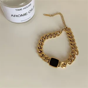 Black Enamel & 18K Gold-Plated Curb Chain Square Charm Bracelet