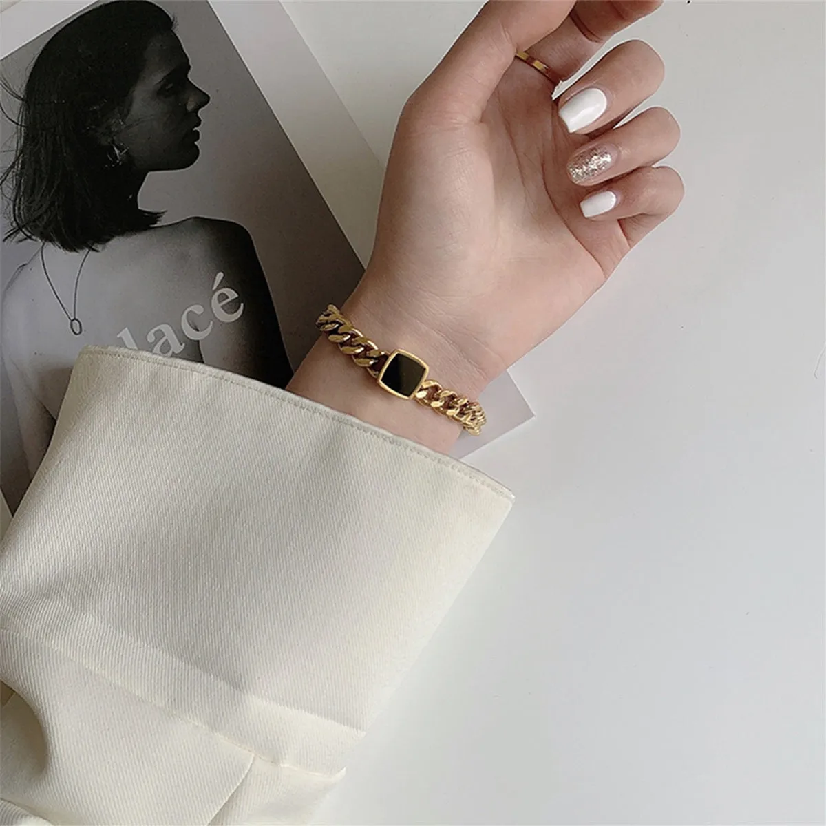 Black Enamel & 18K Gold-Plated Curb Chain Square Charm Bracelet