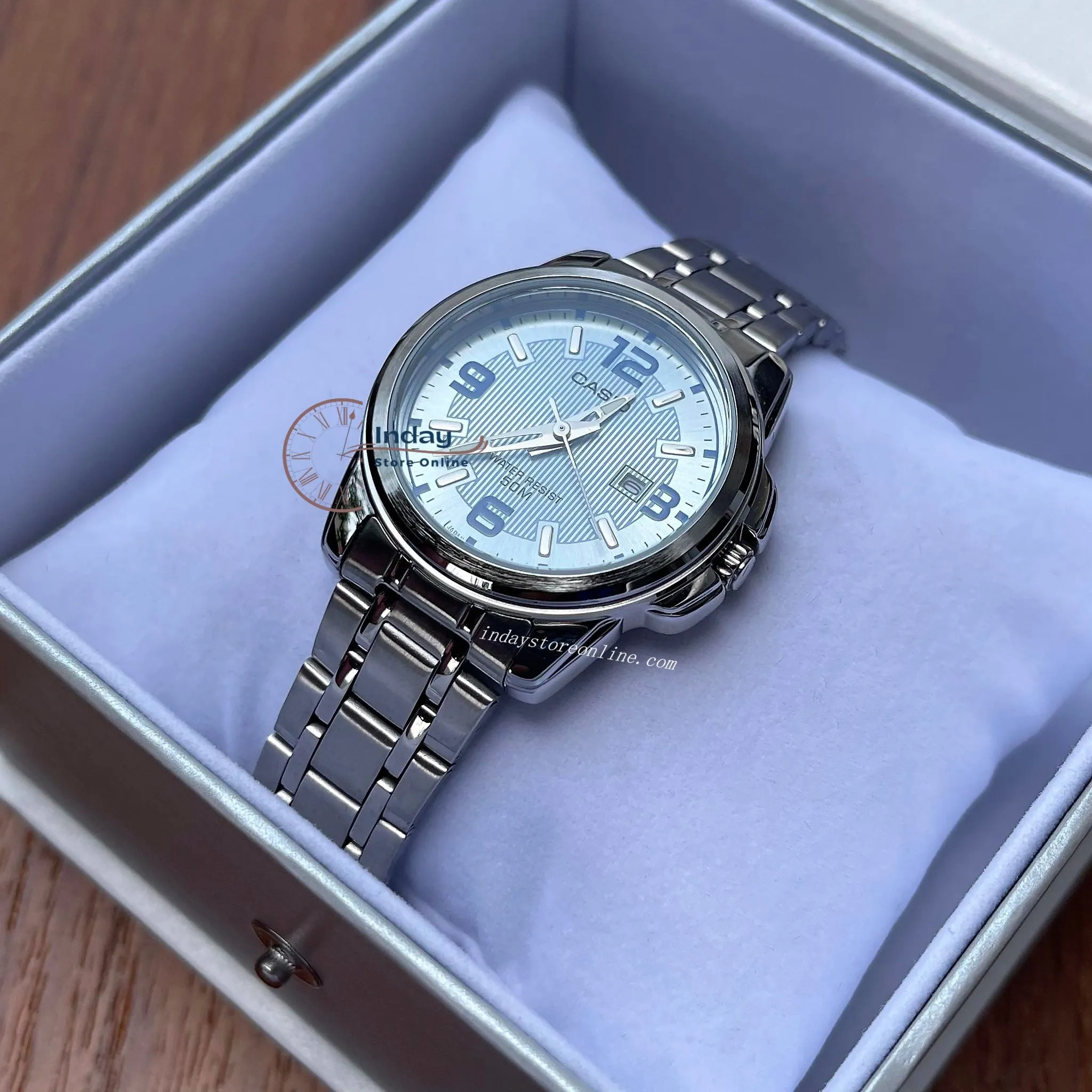 Casio Fashion Women's Watch LTP-1314D-2A Silver/Blue Stainless Steel Band Mineral Glass