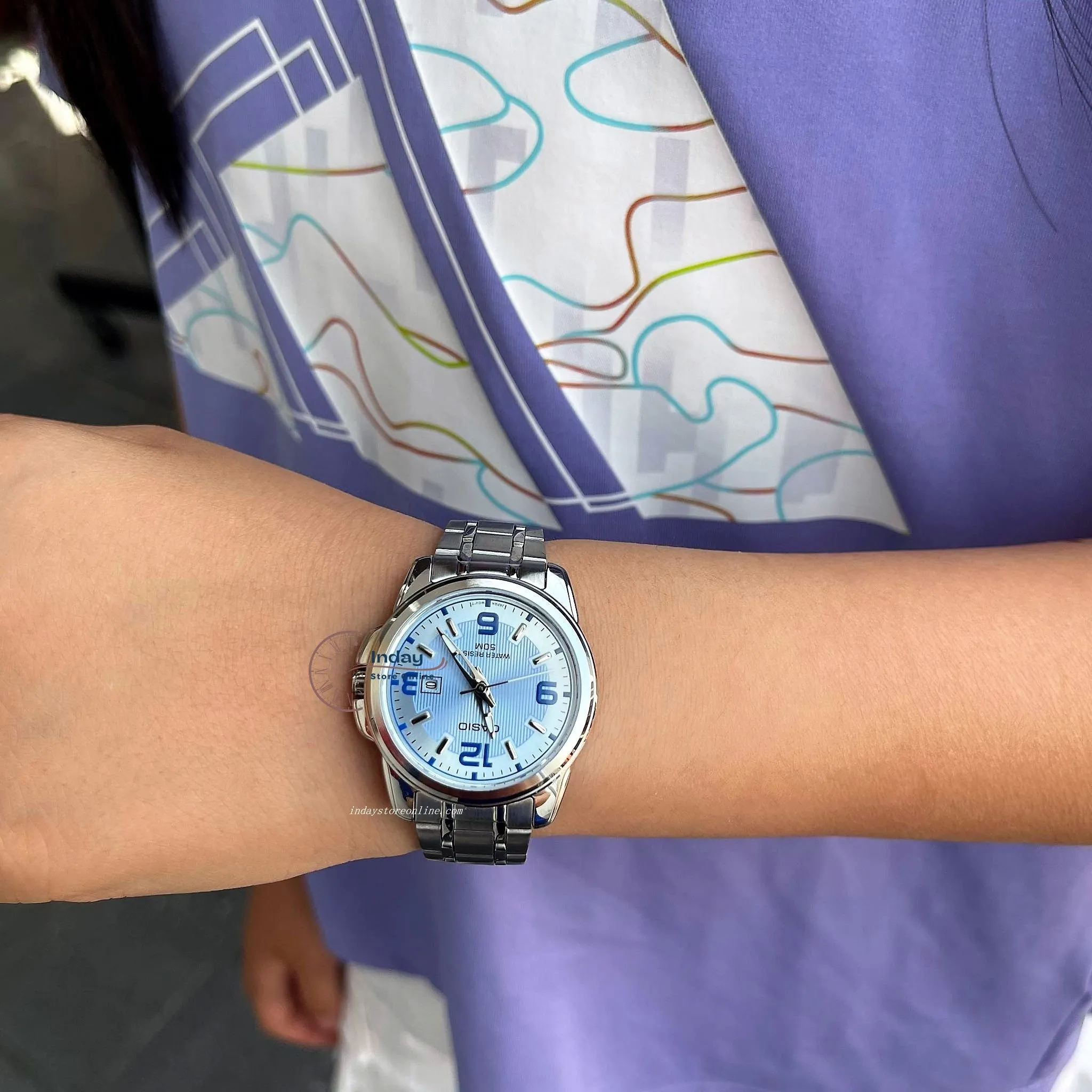 Casio Fashion Women's Watch LTP-1314D-2A Silver/Blue Stainless Steel Band Mineral Glass
