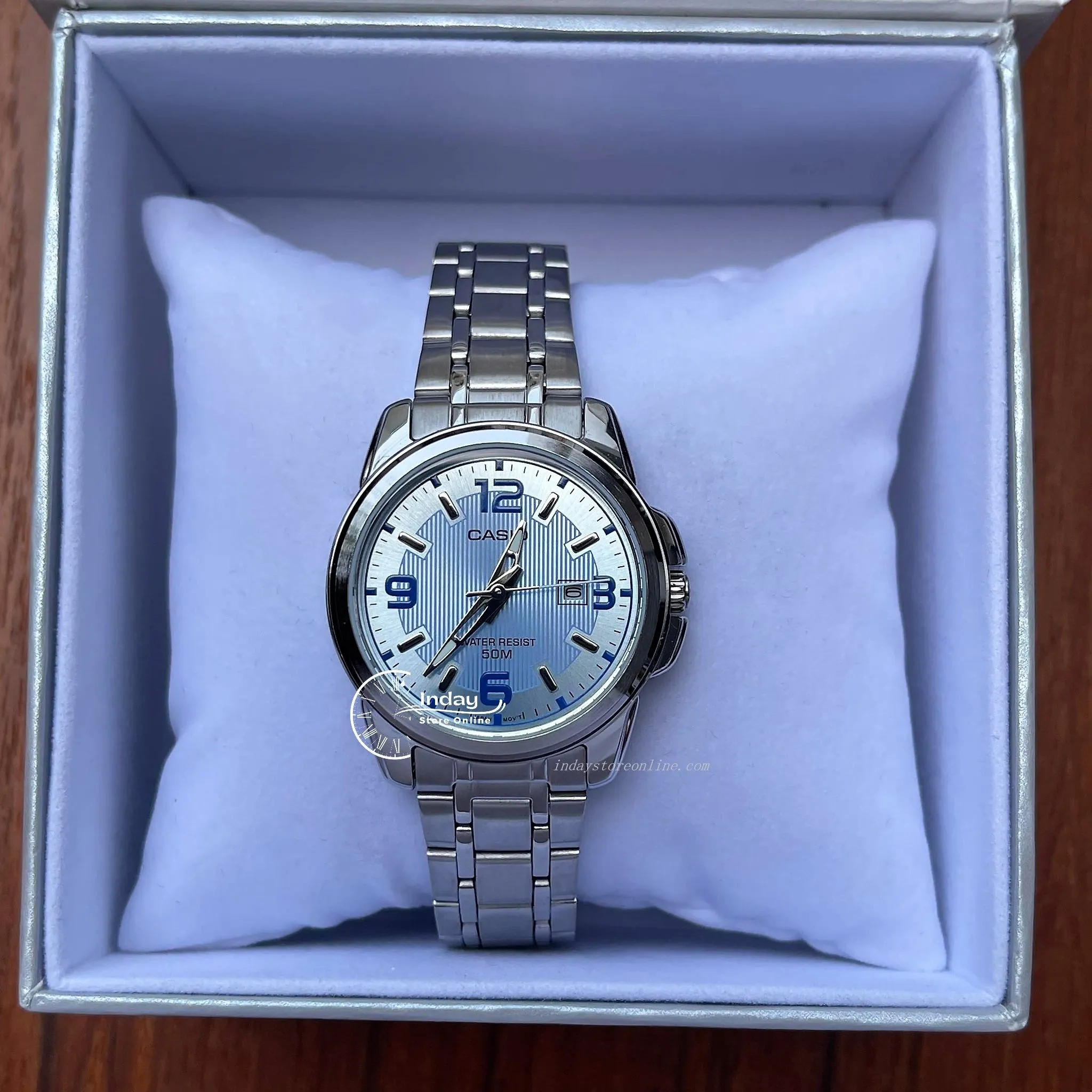 Casio Fashion Women's Watch LTP-1314D-2A Silver/Blue Stainless Steel Band Mineral Glass