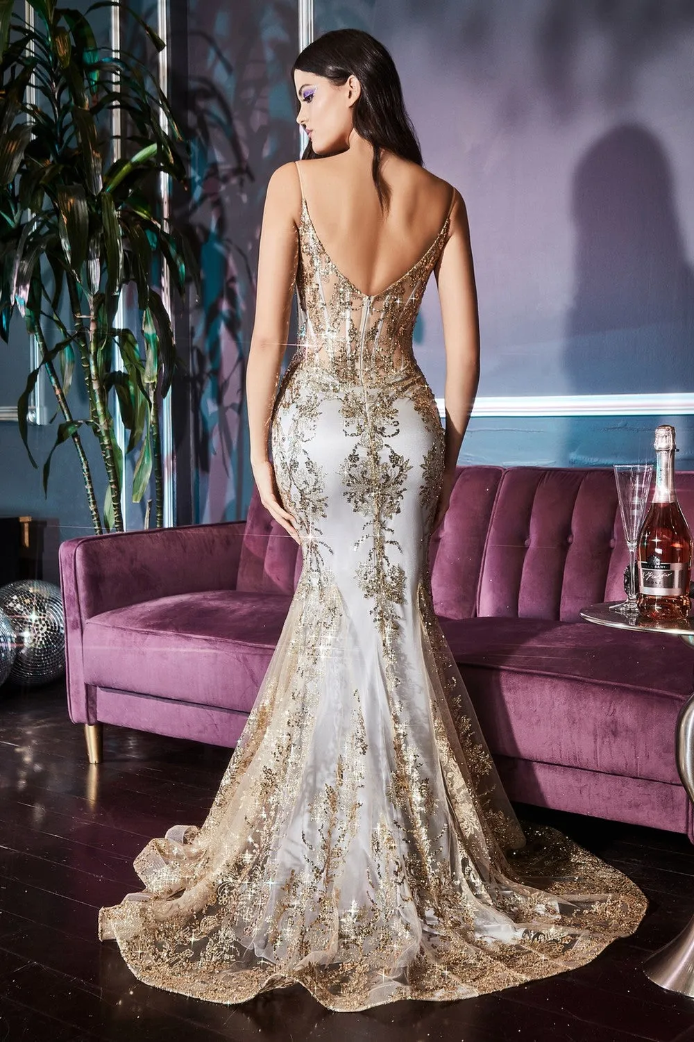 CD J810 - Glitter Print Fit & Flare Prom Gown with Sheer Boned Corset Bodice & Spaghetti Straps