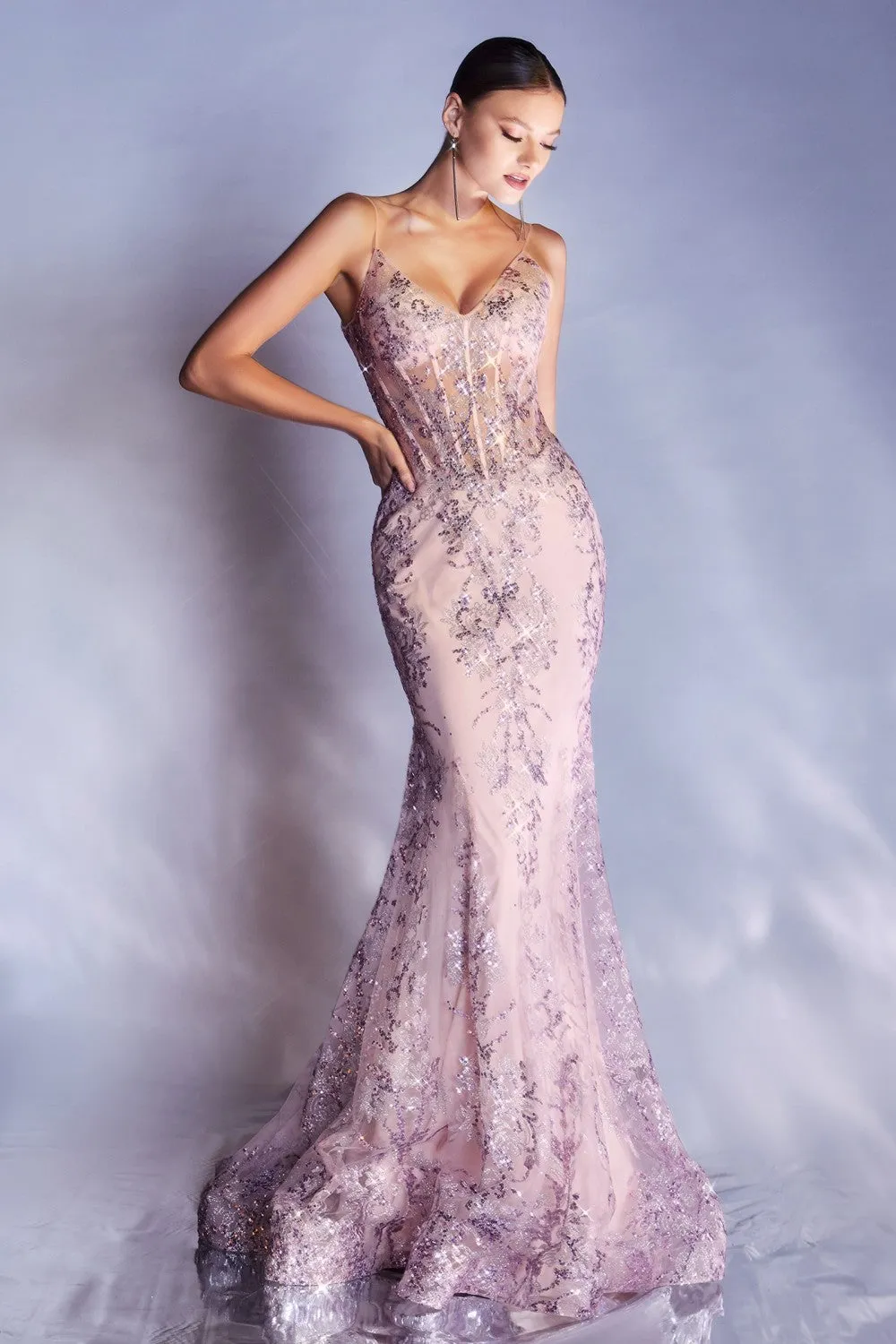 CD J810 - Glitter Print Fit & Flare Prom Gown with Sheer Boned Corset Bodice & Spaghetti Straps