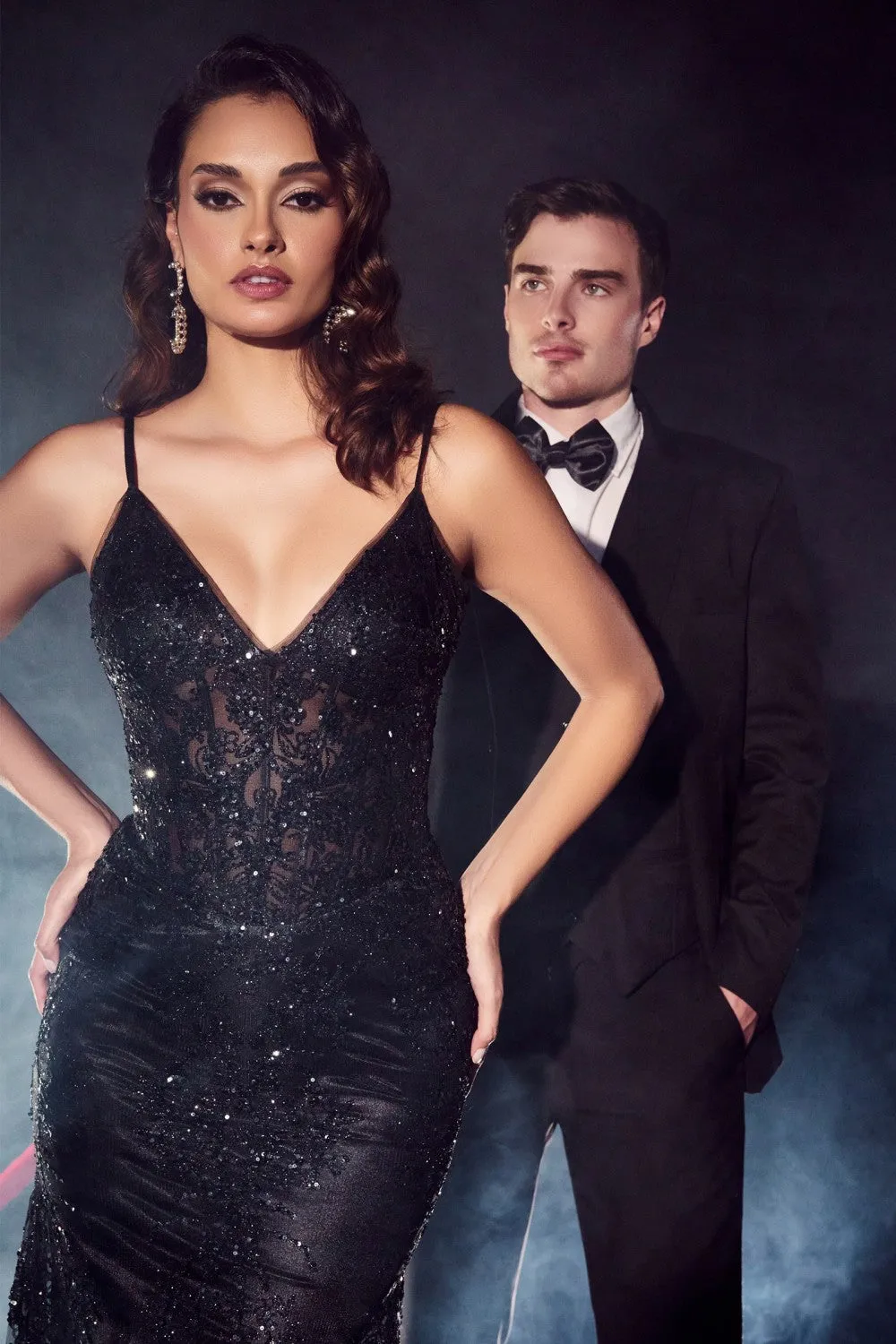 CD J810 - Glitter Print Fit & Flare Prom Gown with Sheer Boned Corset Bodice & Spaghetti Straps