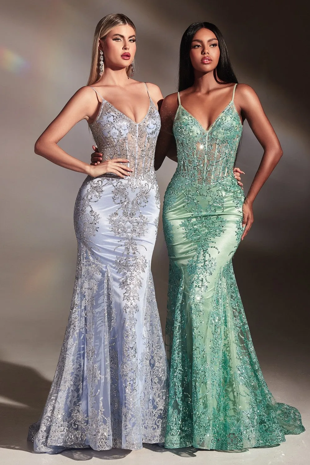 CD J810 - Glitter Print Fit & Flare Prom Gown with Sheer Boned Corset Bodice & Spaghetti Straps