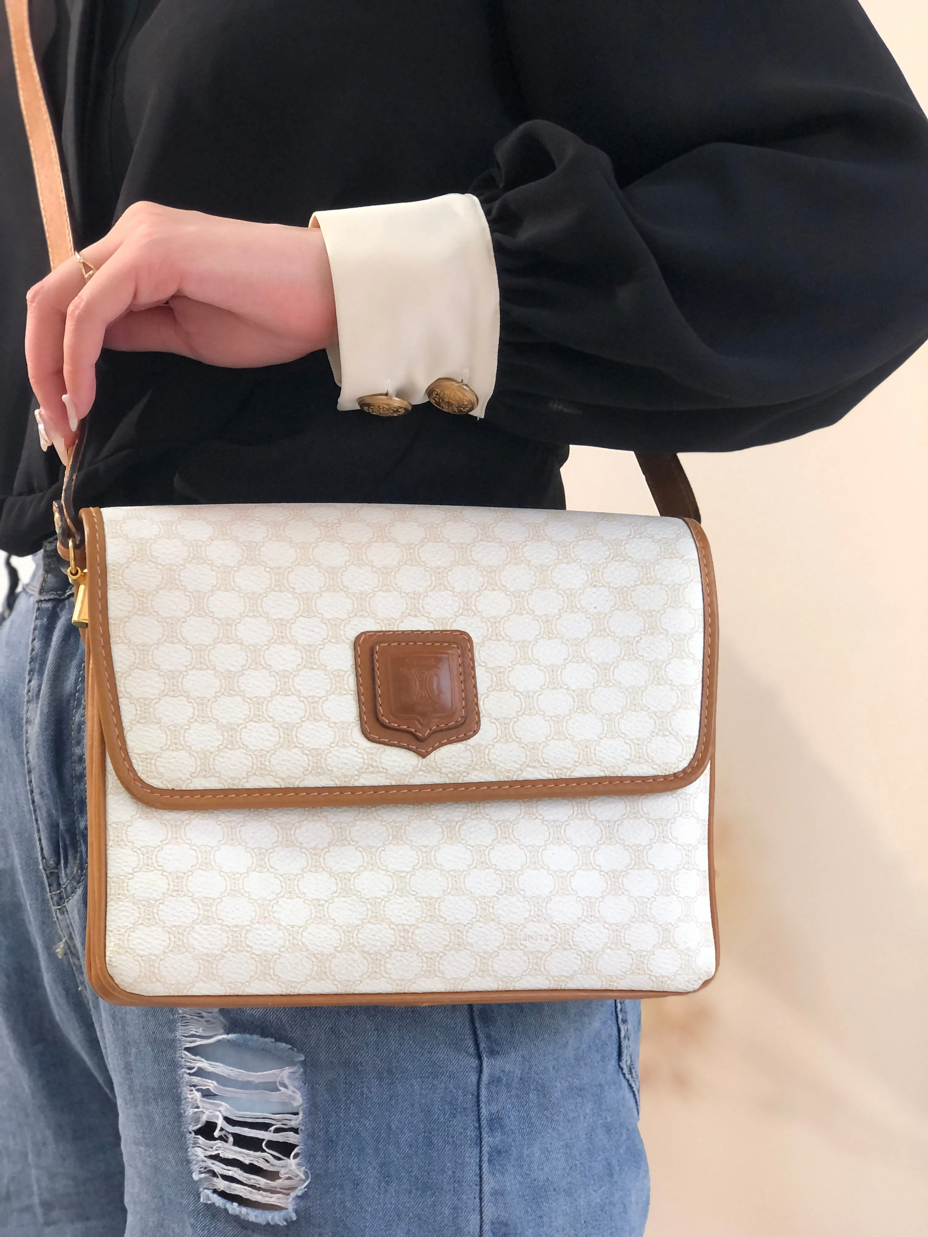 CELINE Macadam Blason Crowwbody Shoulderbag White Vintage Old celine 5mjbeu