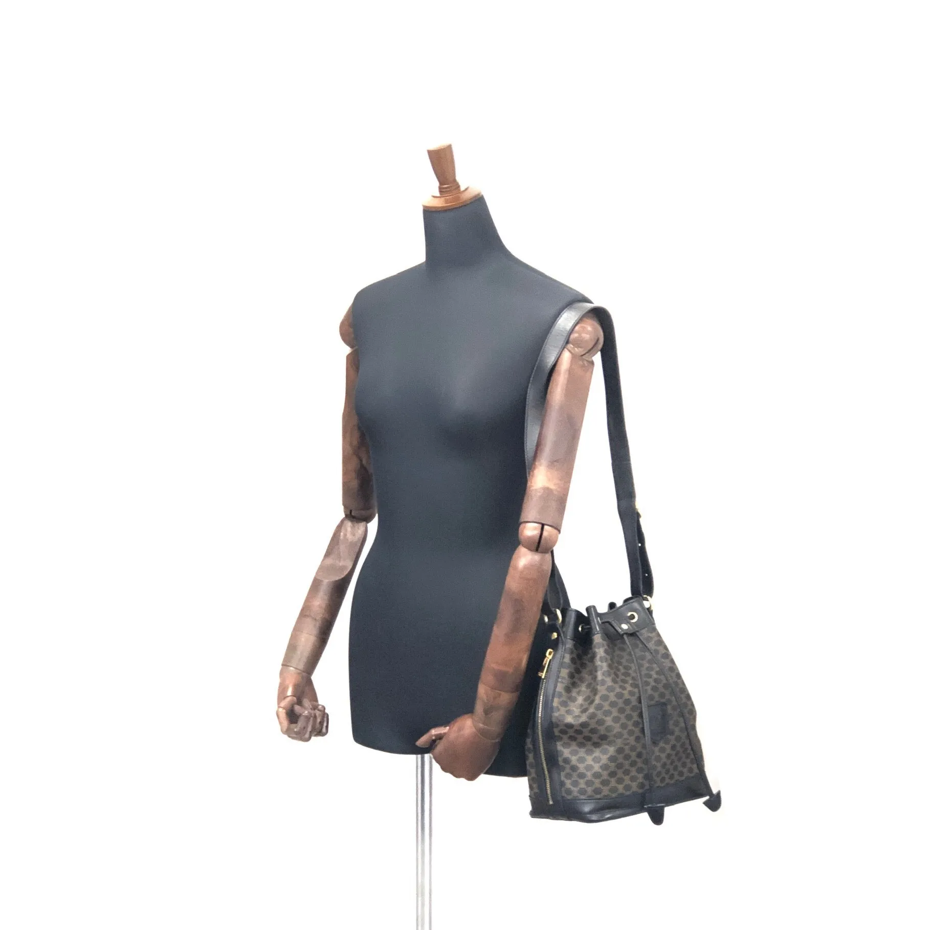 CELINE Macadam Blason Side zipper Drawstring Shoulder bag Black Vintage Old Celine u5gukm