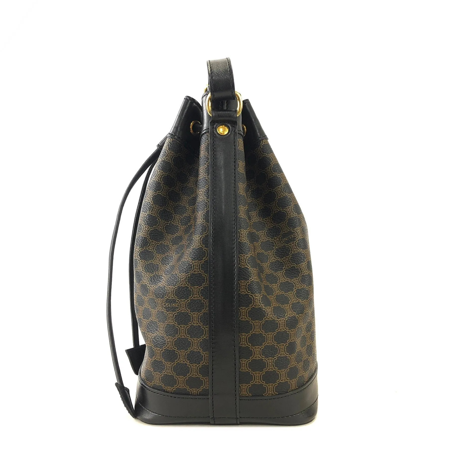 CELINE Macadam Blason Side zipper Drawstring Shoulder bag Black Vintage Old Celine u5gukm