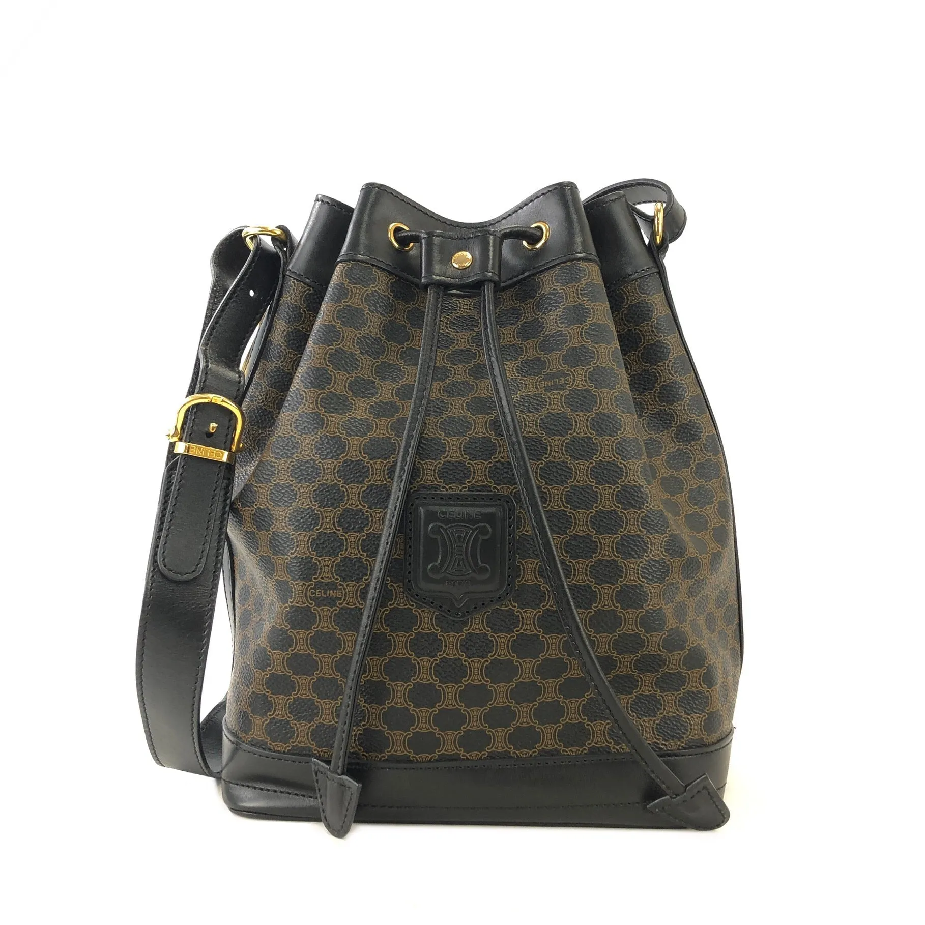 CELINE Macadam Blason Side zipper Drawstring Shoulder bag Black Vintage Old Celine u5gukm