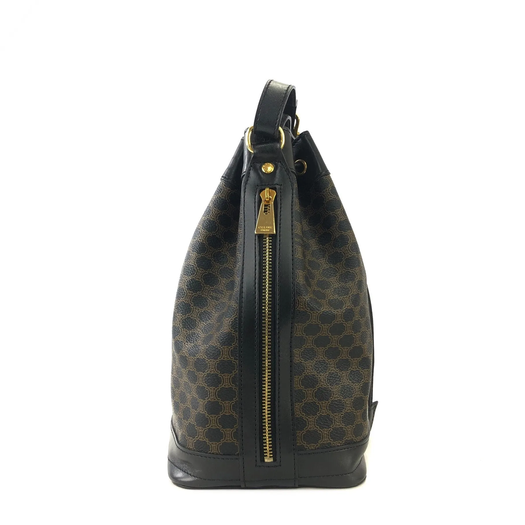 CELINE Macadam Blason Side zipper Drawstring Shoulder bag Black Vintage Old Celine u5gukm