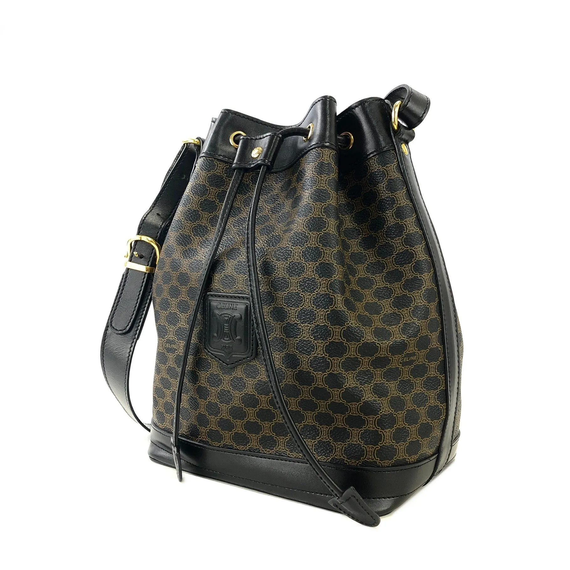CELINE Macadam Blason Side zipper Drawstring Shoulder bag Black Vintage Old Celine u5gukm