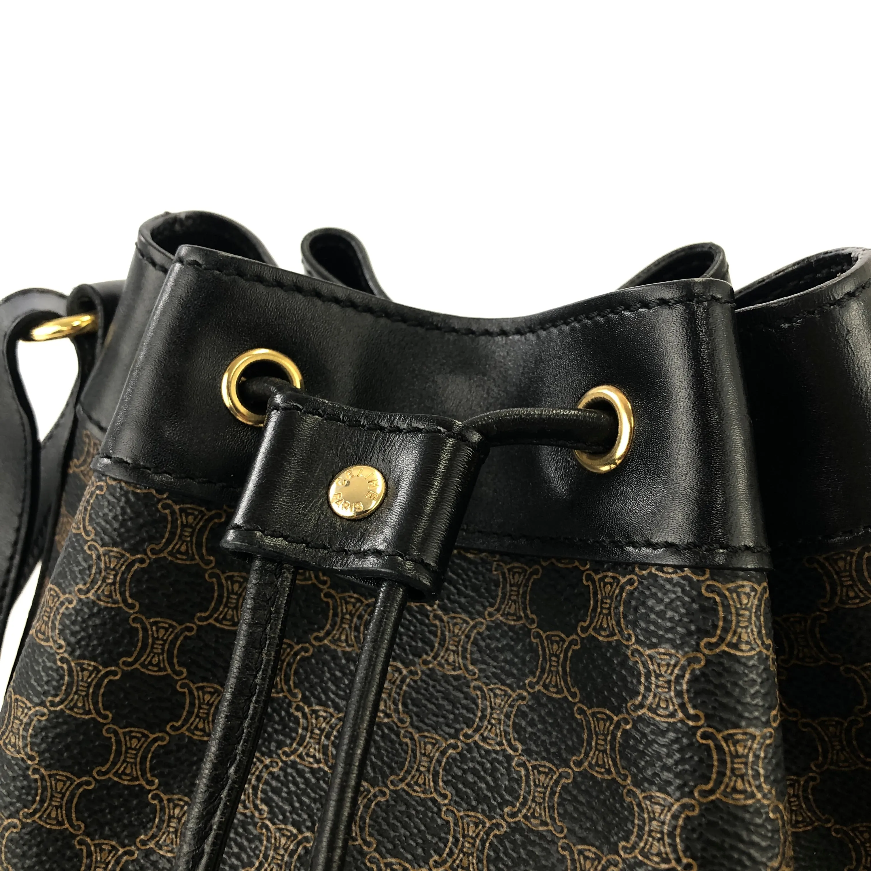 CELINE Macadam Blason Side zipper Drawstring Shoulder bag Black Vintage Old Celine u5gukm