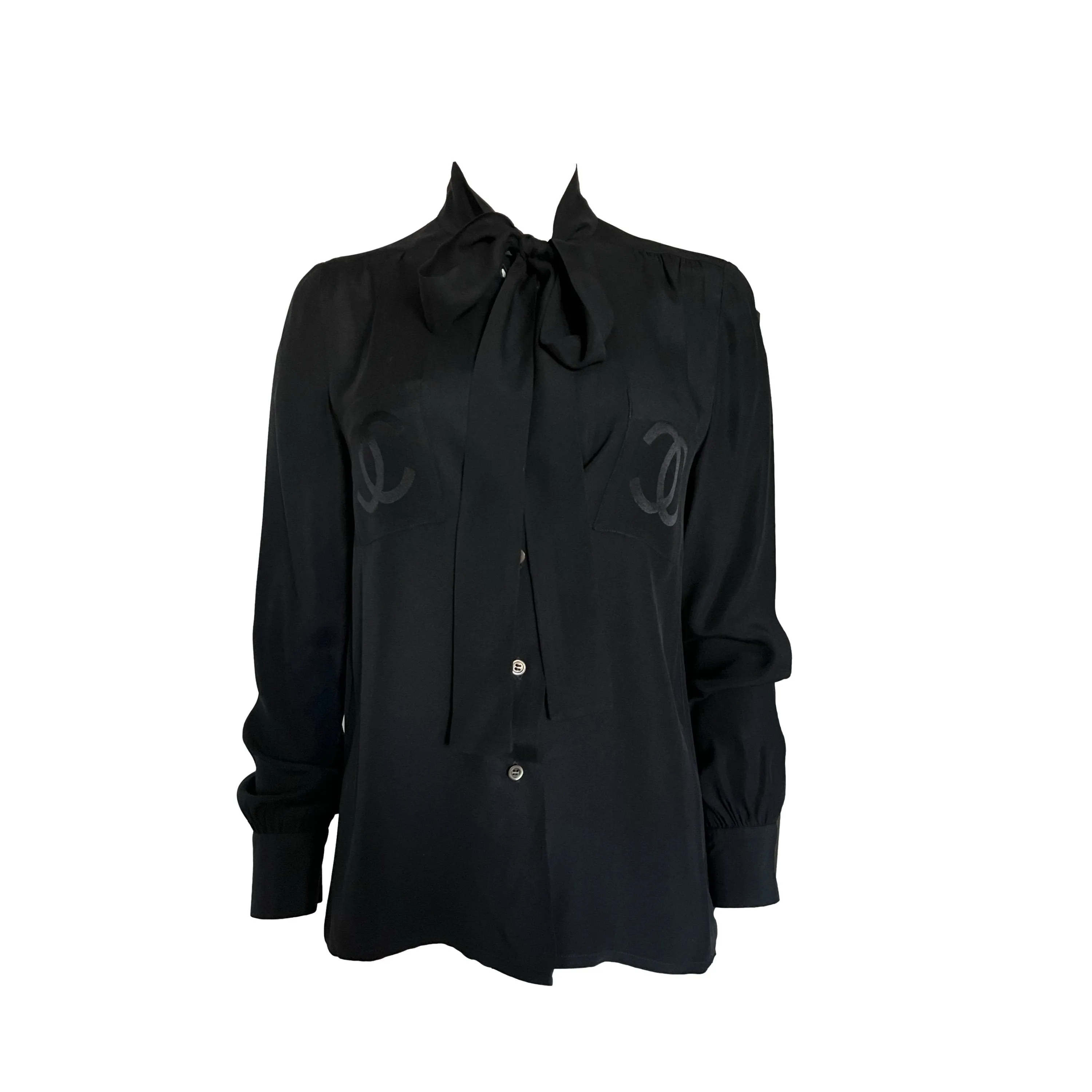 Chanel Black Logo Pocket Silk Button Down