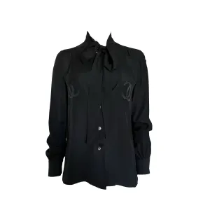 Chanel Black Logo Pocket Silk Button Down