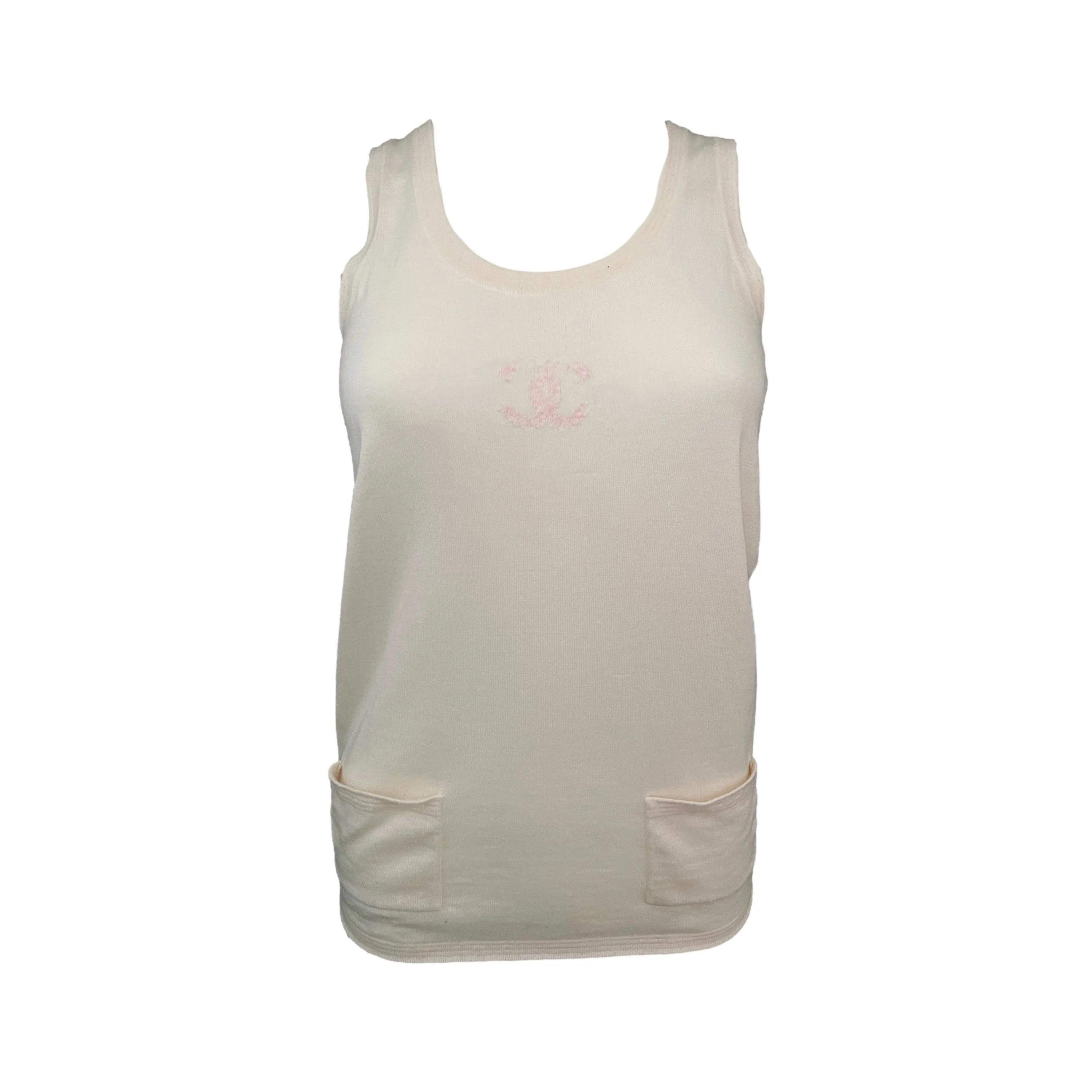 Chanel Cream Logo Knit Pocket Tank Top
