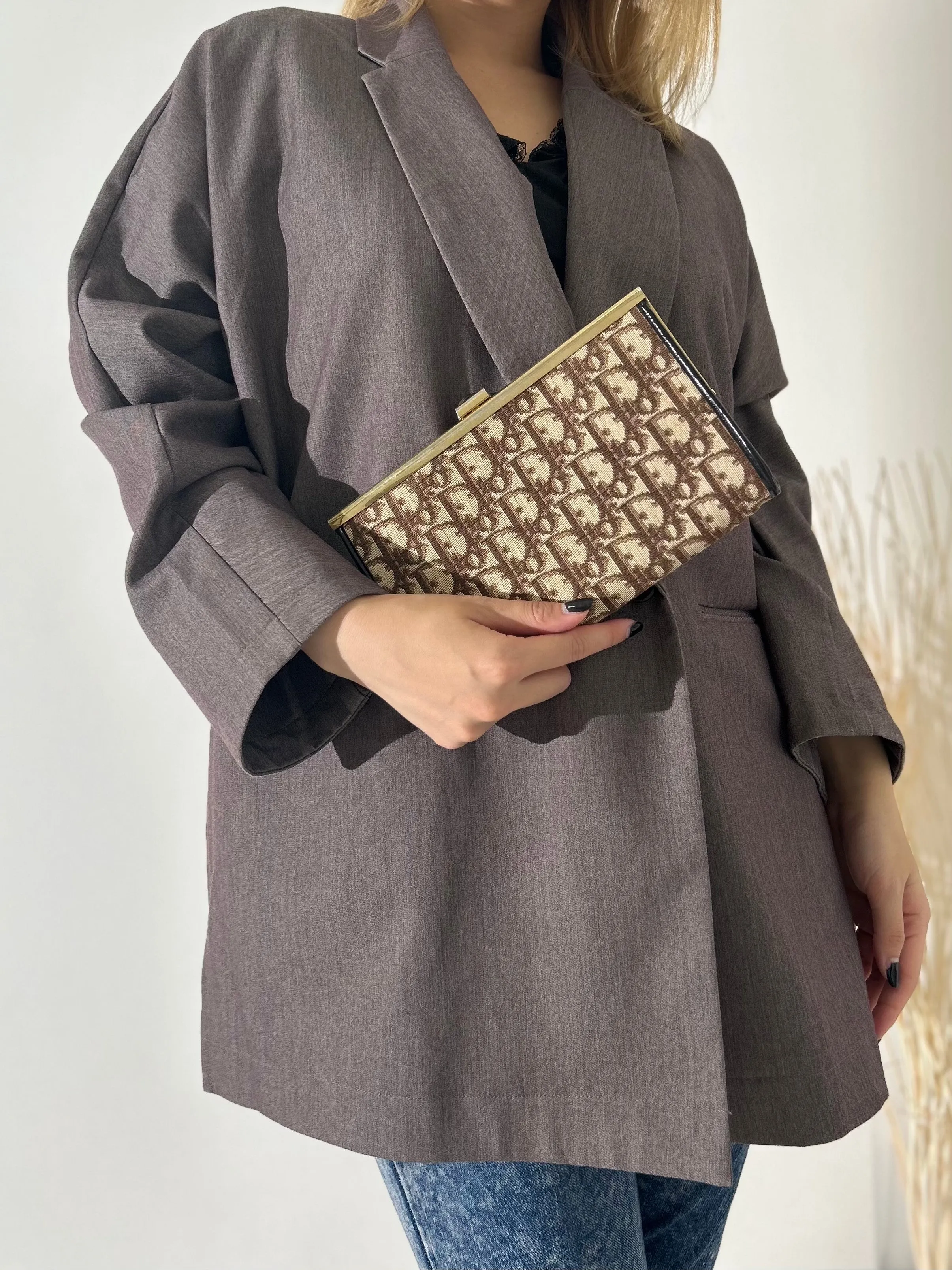 Christian Dior Trotter Jacquard Leather Clutch bag Brown Vintage tkk83n