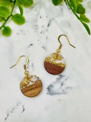 Circle Wood and Gold Flaked Resin Earrings