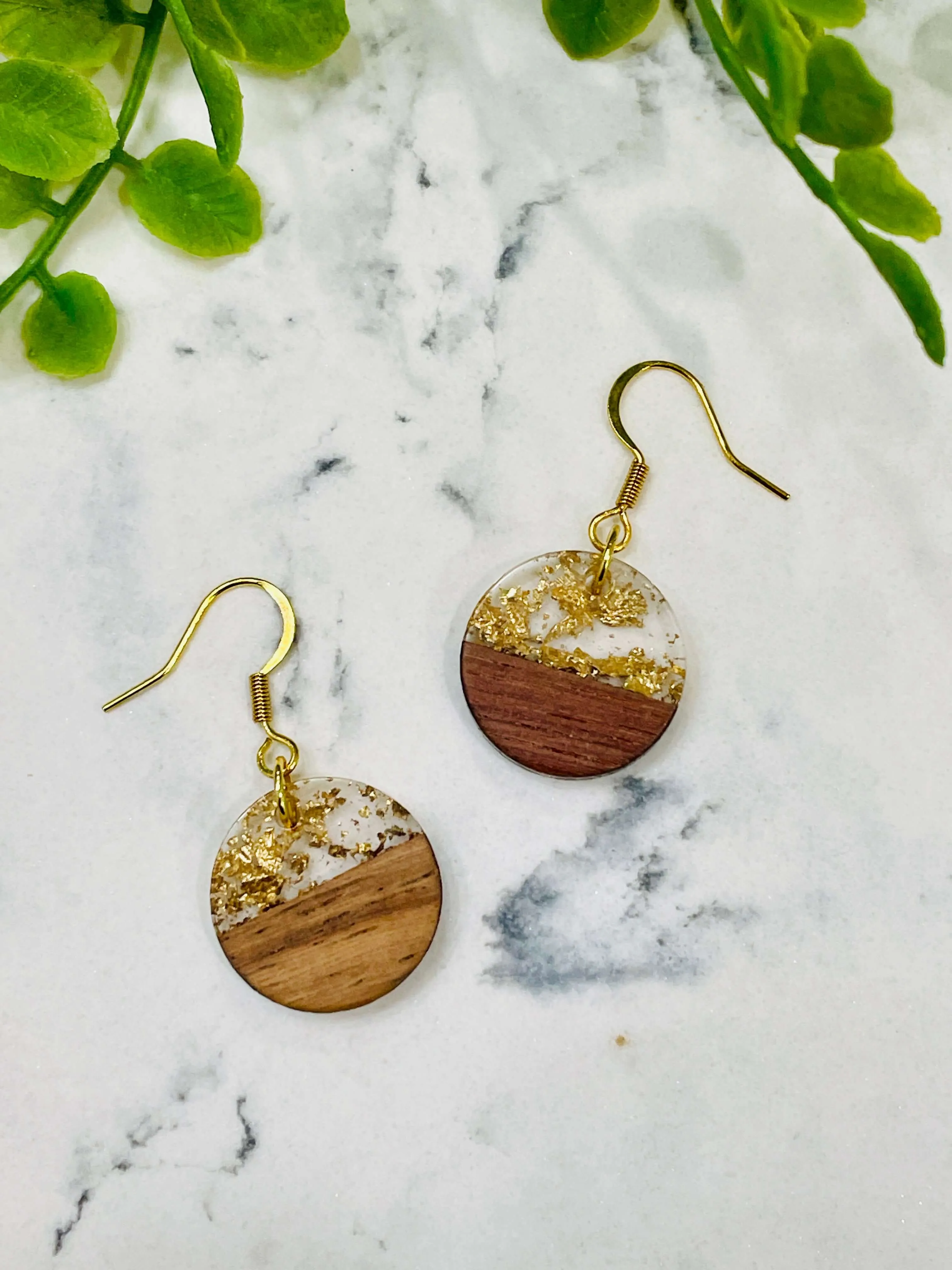 Circle Wood and Gold Flaked Resin Earrings