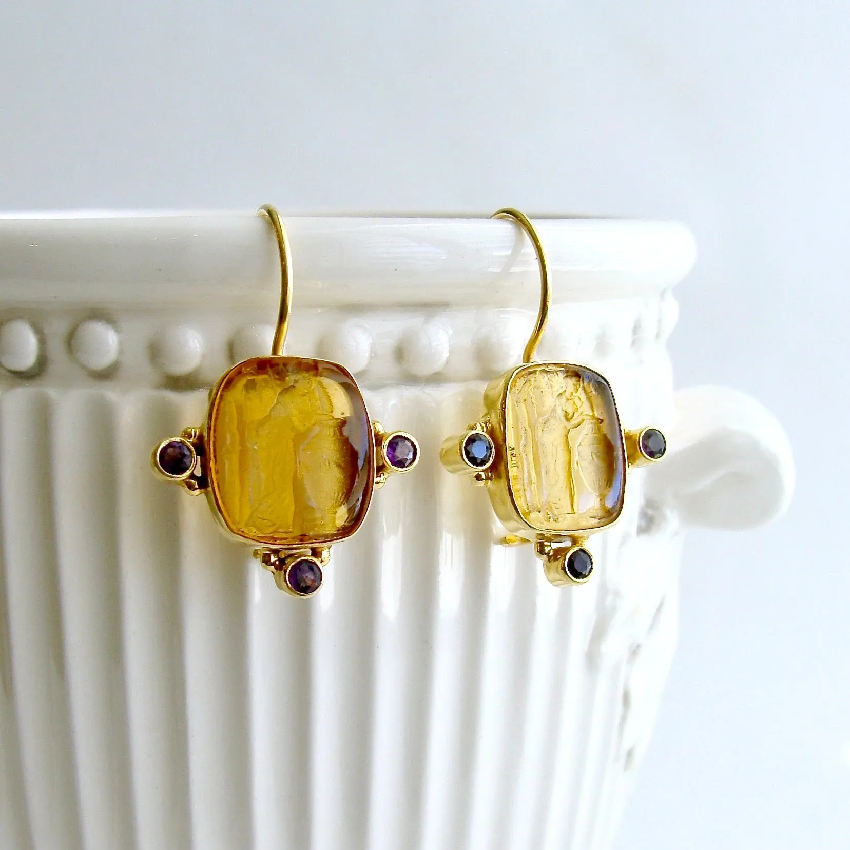 Citrine Venetian Glass Intaglio Earrings Amethyst- Citerna Earrings