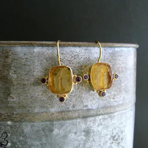 Citrine Venetian Glass Intaglio Earrings Amethyst- Citerna Earrings