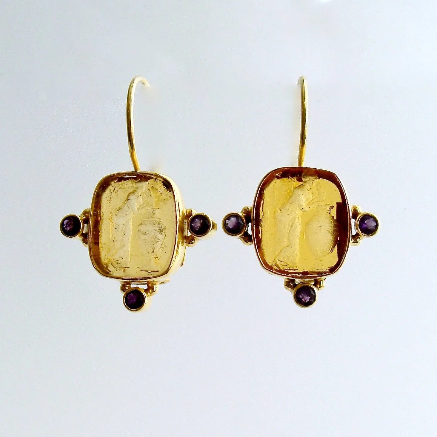 Citrine Venetian Glass Intaglio Earrings Amethyst- Citerna Earrings