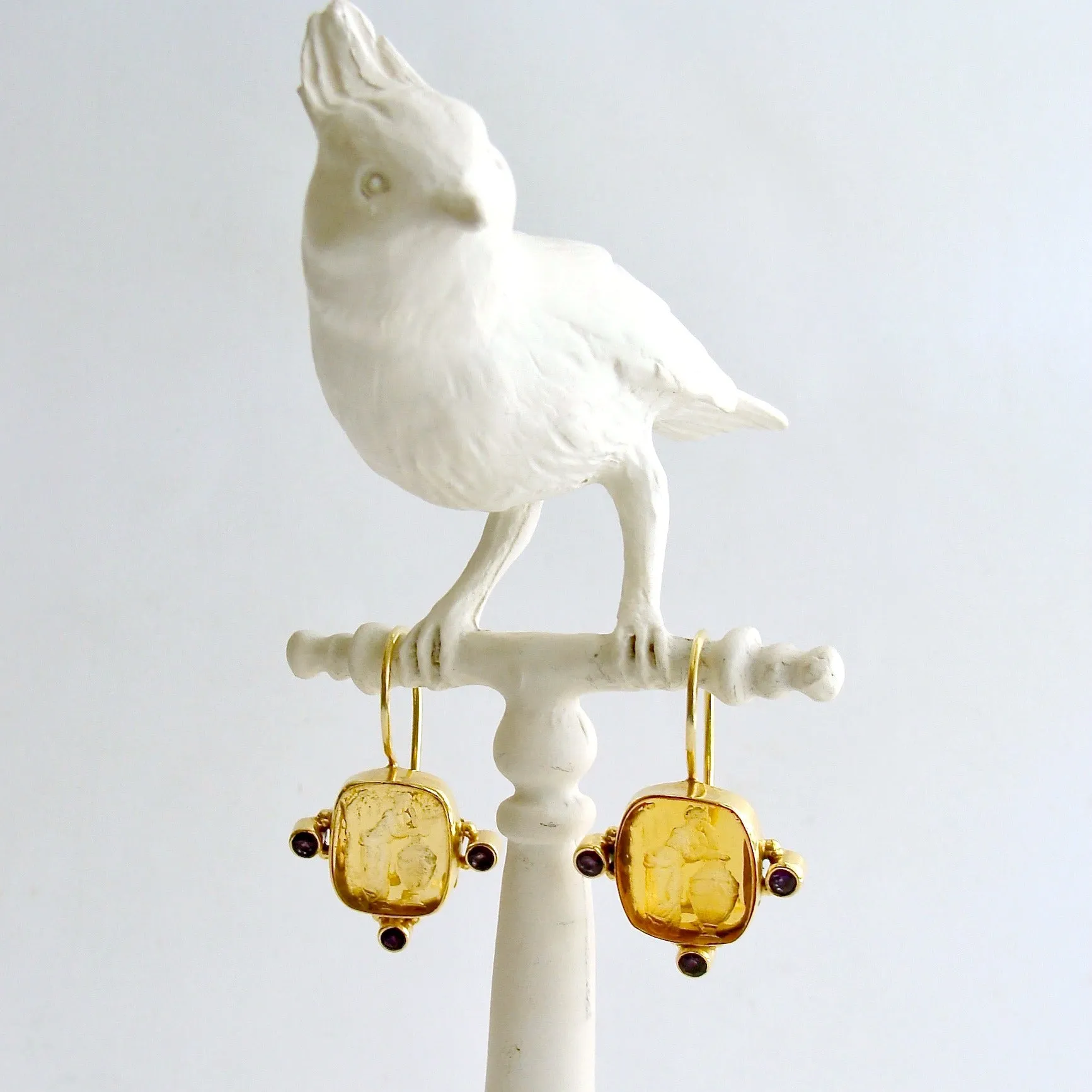 Citrine Venetian Glass Intaglio Earrings Amethyst- Citerna Earrings