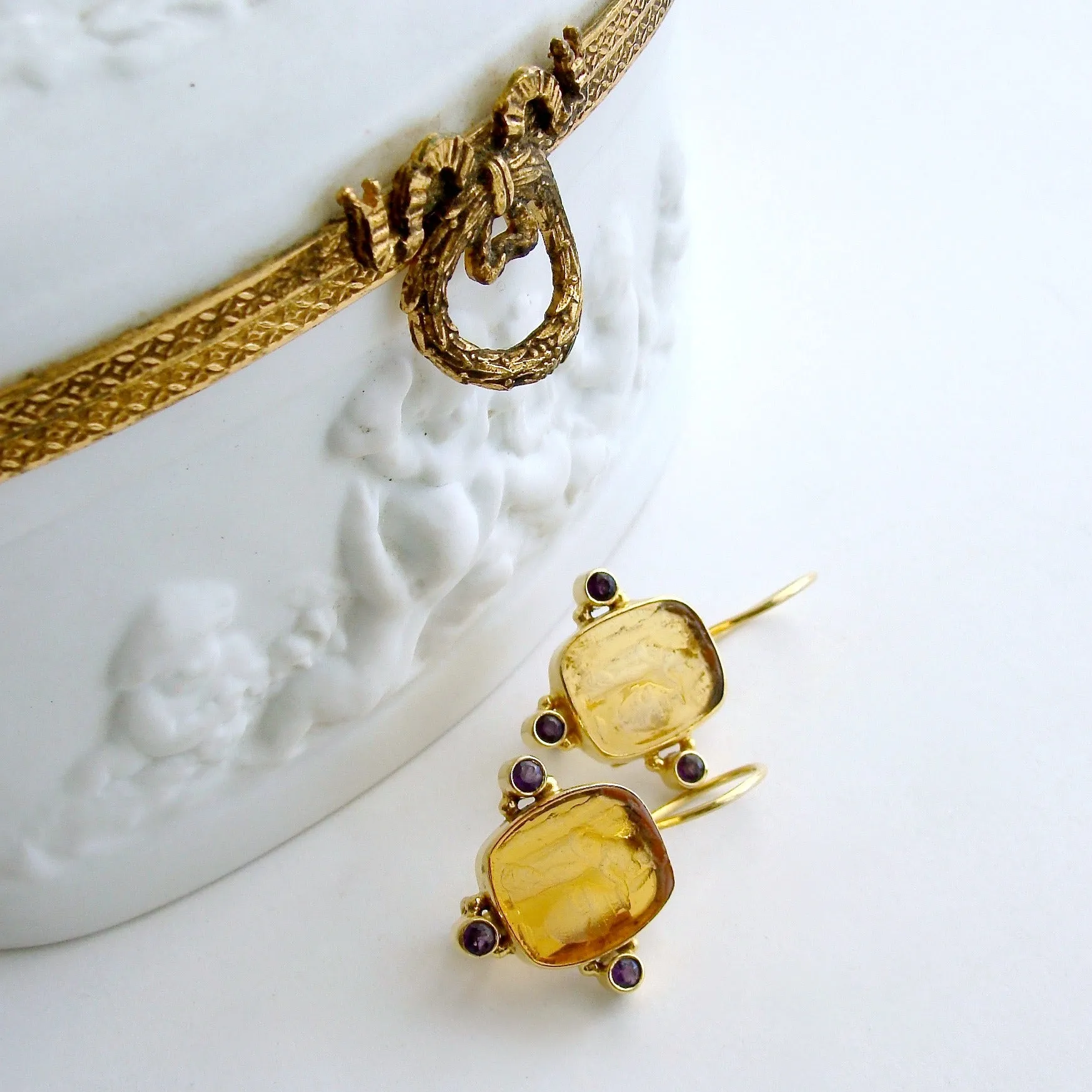 Citrine Venetian Glass Intaglio Earrings Amethyst- Citerna Earrings