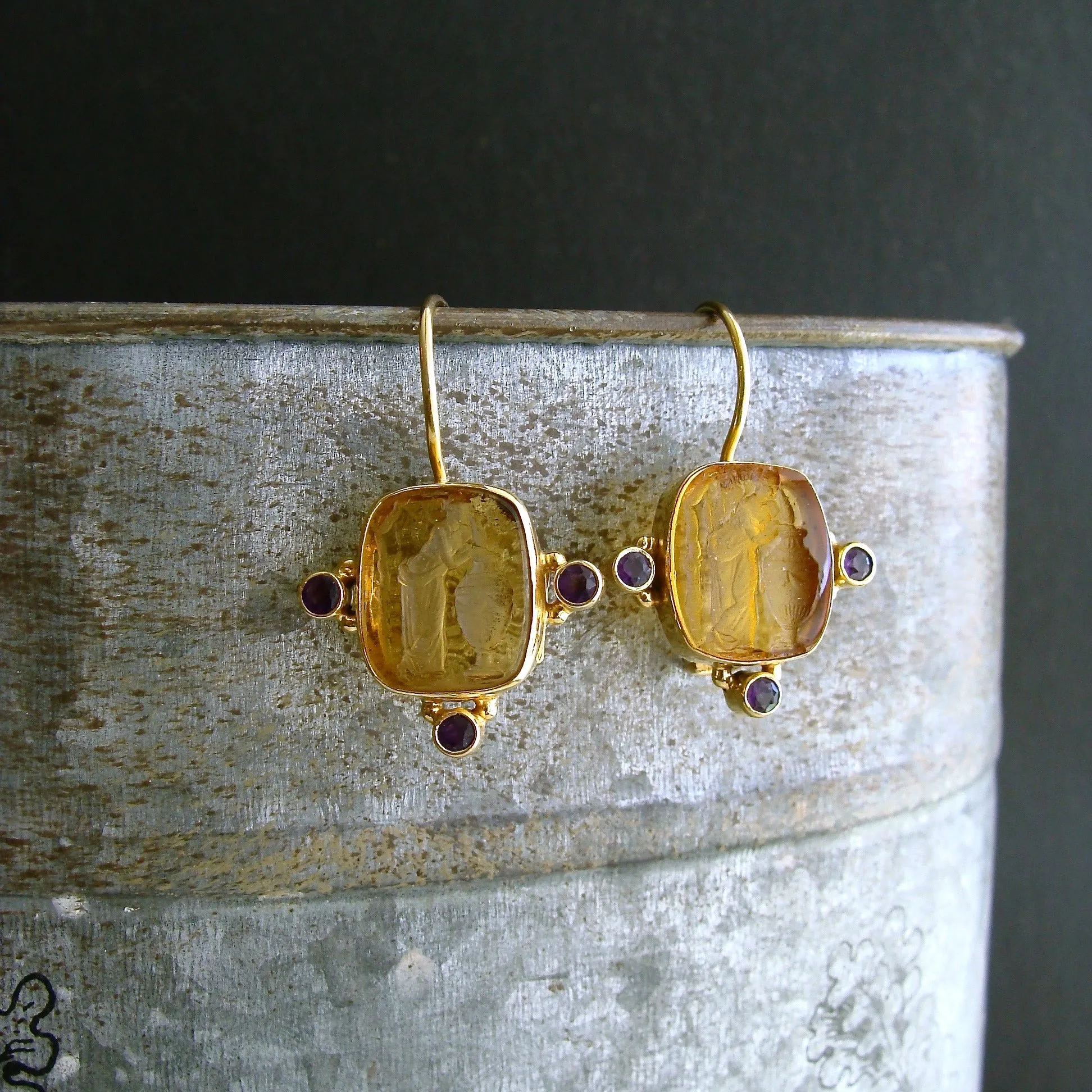Citrine Venetian Glass Intaglio Earrings Amethyst- Citerna Earrings