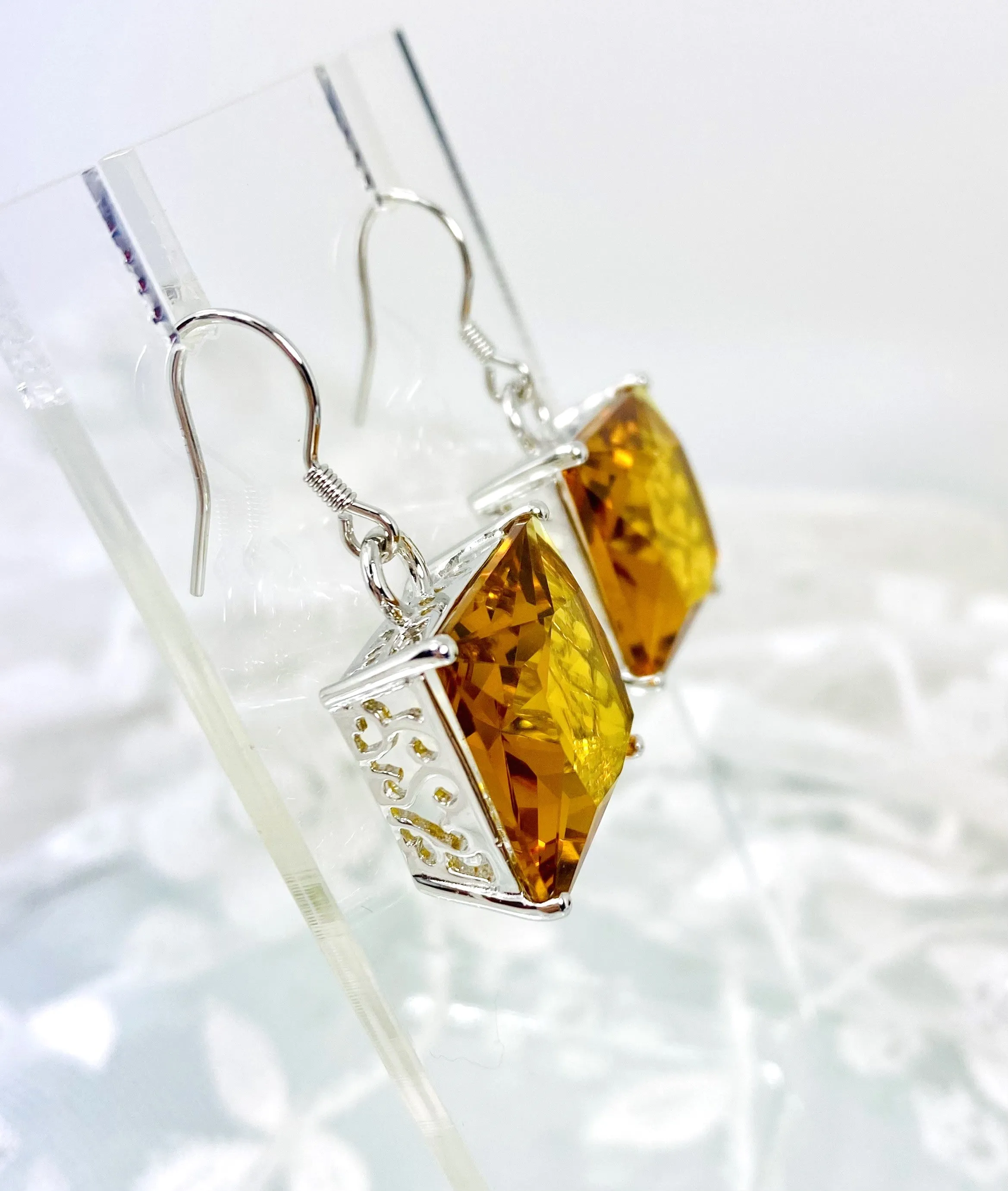 Cognac-Orange Citrine Earrings, Silver Art Nouveau Filigree, Vintage Style Jewelry #E45