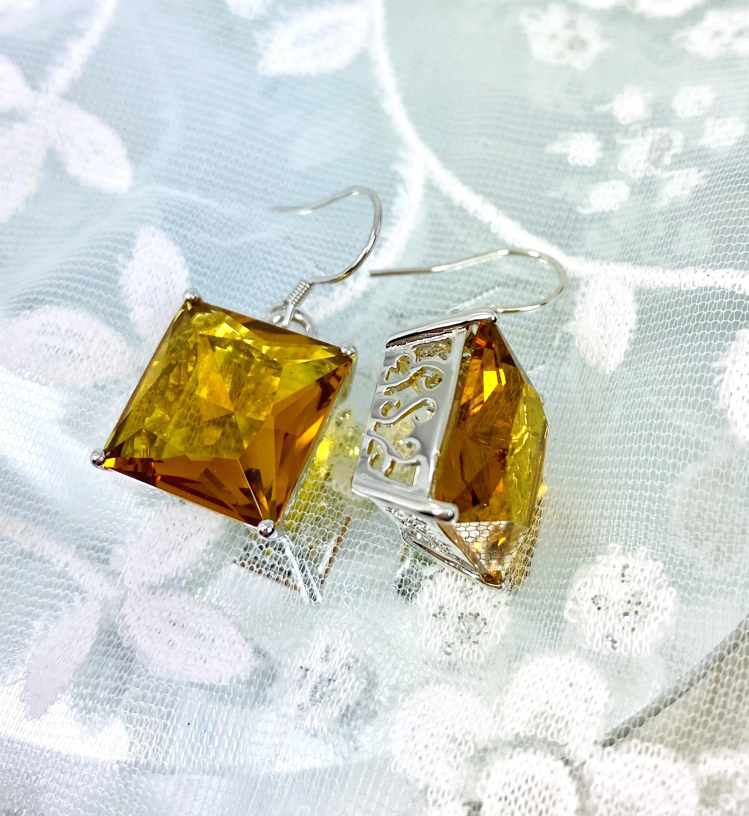 Cognac-Orange Citrine Earrings, Silver Art Nouveau Filigree, Vintage Style Jewelry #E45