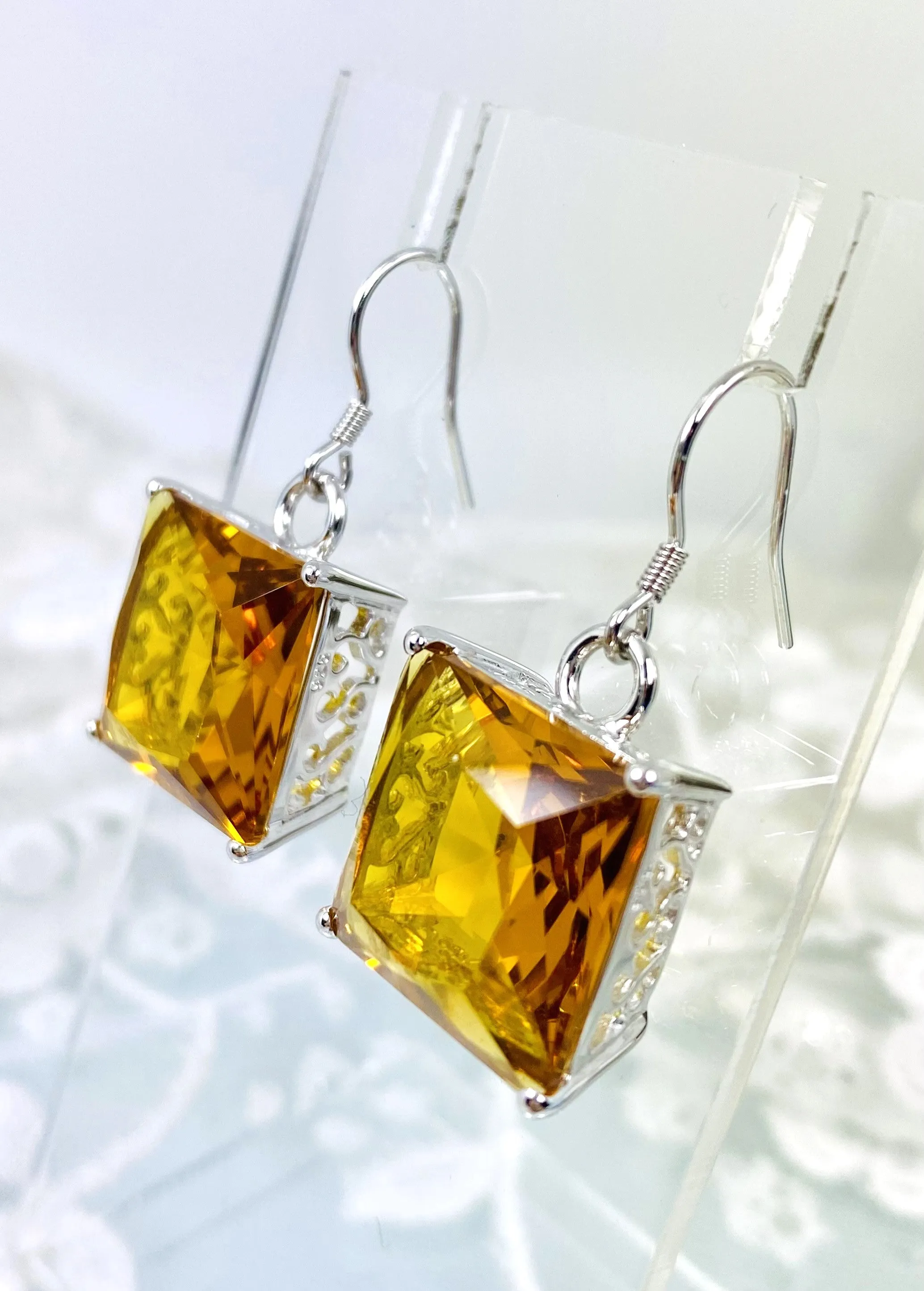 Cognac-Orange Citrine Earrings, Silver Art Nouveau Filigree, Vintage Style Jewelry #E45